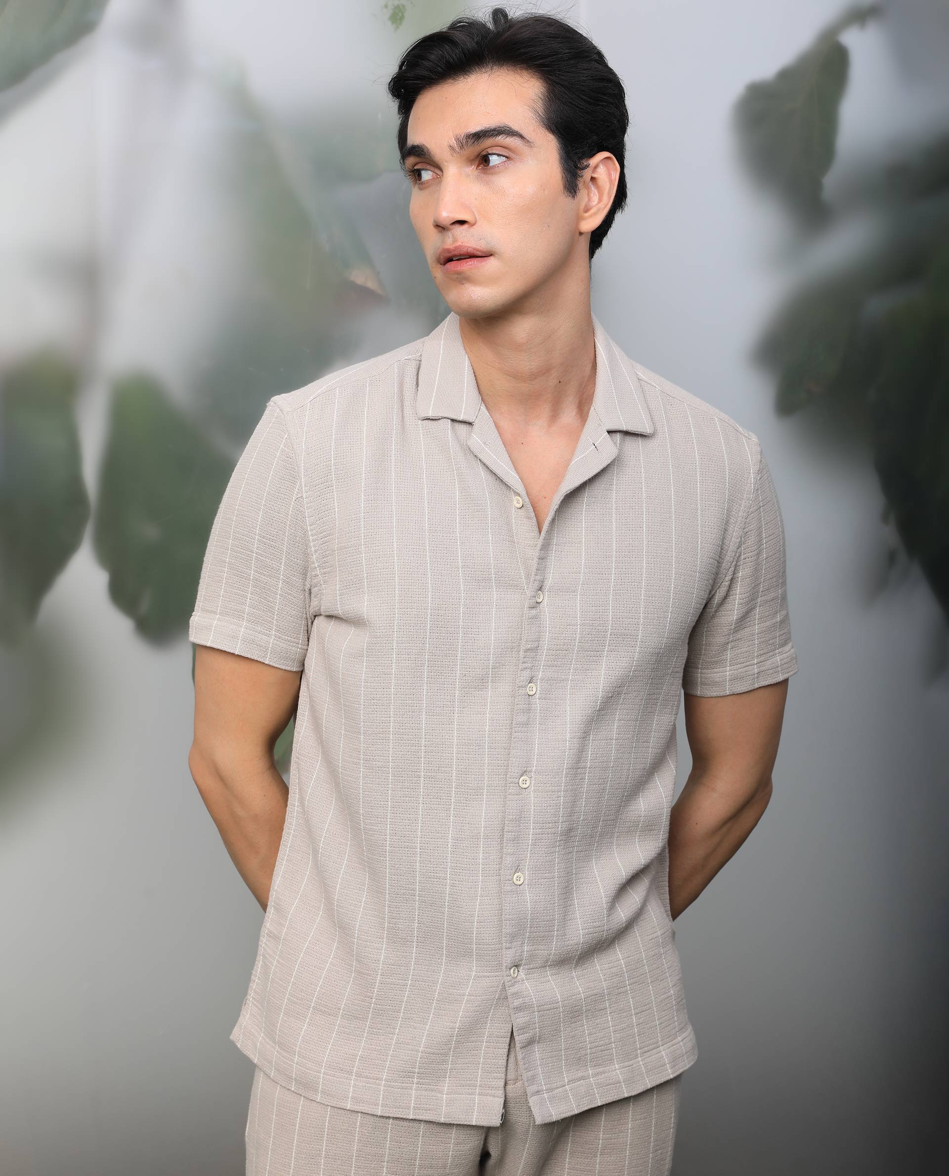 Rare Rabbit Men's Nano Beige Cotton Striped Print Regular Fit Half Sleeve Cuban Collar Shirt - Image 6