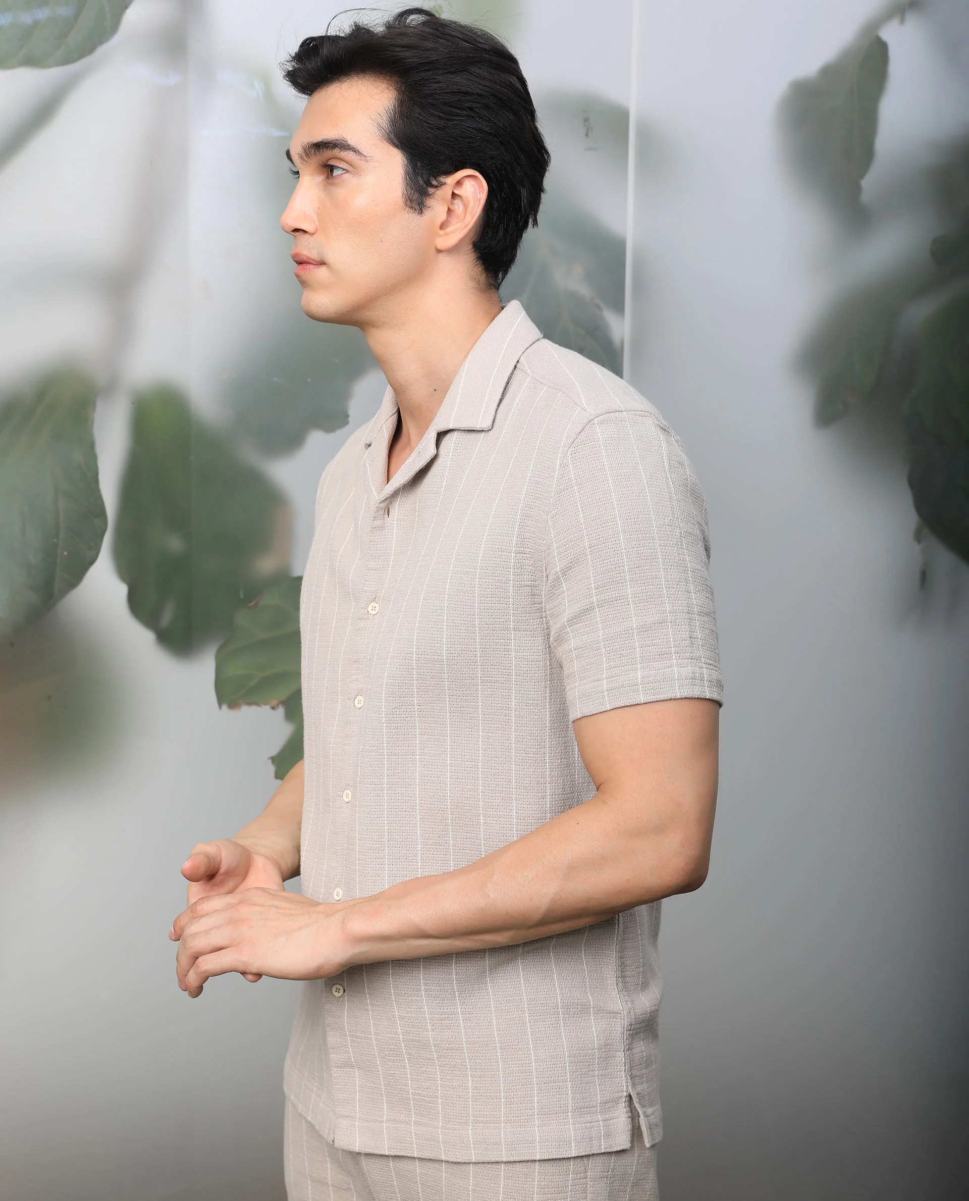 Rare Rabbit Men's Nano Beige Cotton Striped Print Regular Fit Half Sleeve Cuban Collar Shirt - Image 7