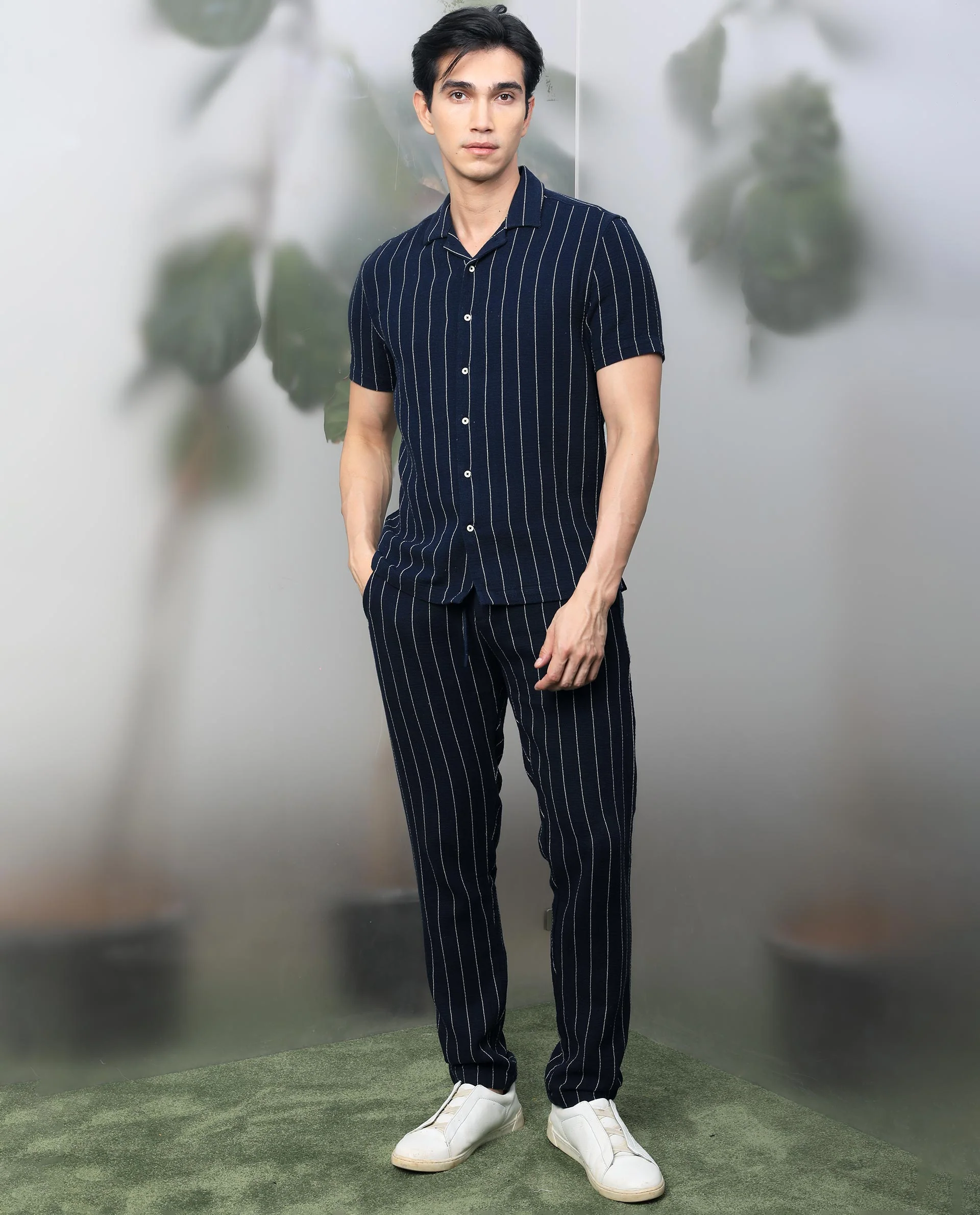 Rare Rabbit Men's Nano Navy Cotton Striped Print Regular Fit Half Sleeve Cuban Collar Shirt - Image 2