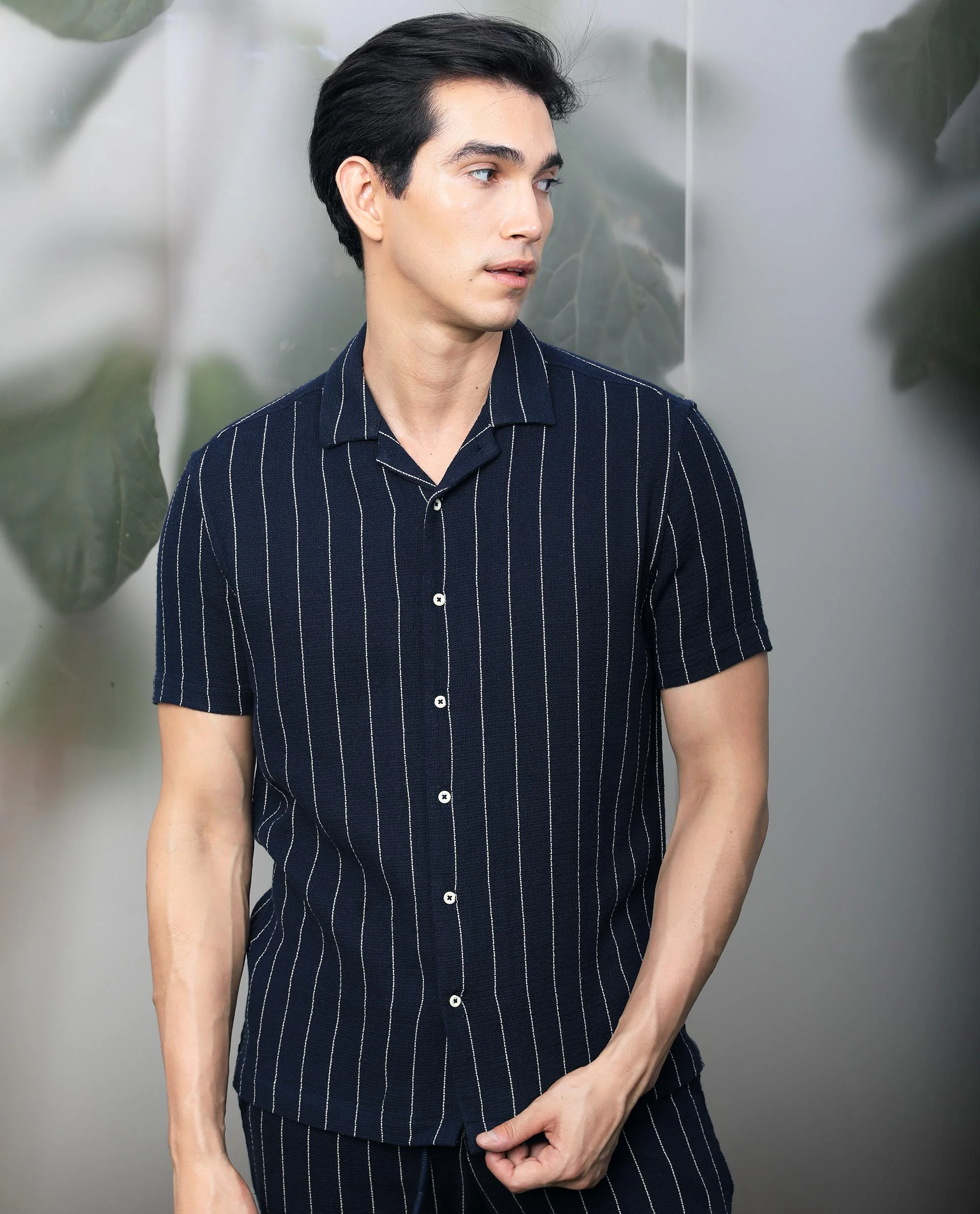 Rare Rabbit Men's Nano Navy Cotton Striped Print Regular Fit Half Sleeve Cuban Collar Shirt - Image 3
