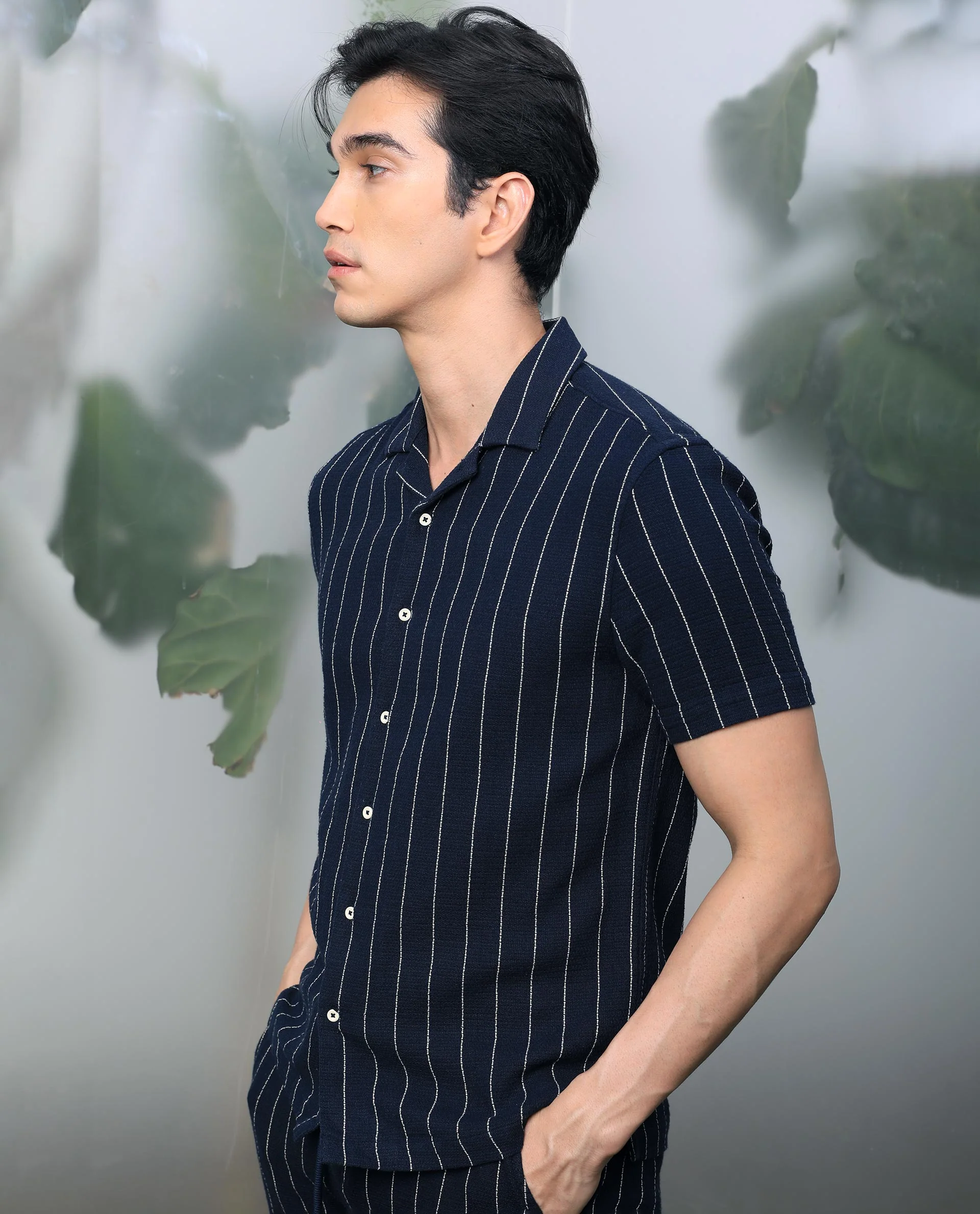 Rare Rabbit Men's Nano Navy Cotton Striped Print Regular Fit Half Sleeve Cuban Collar Shirt - Image 7