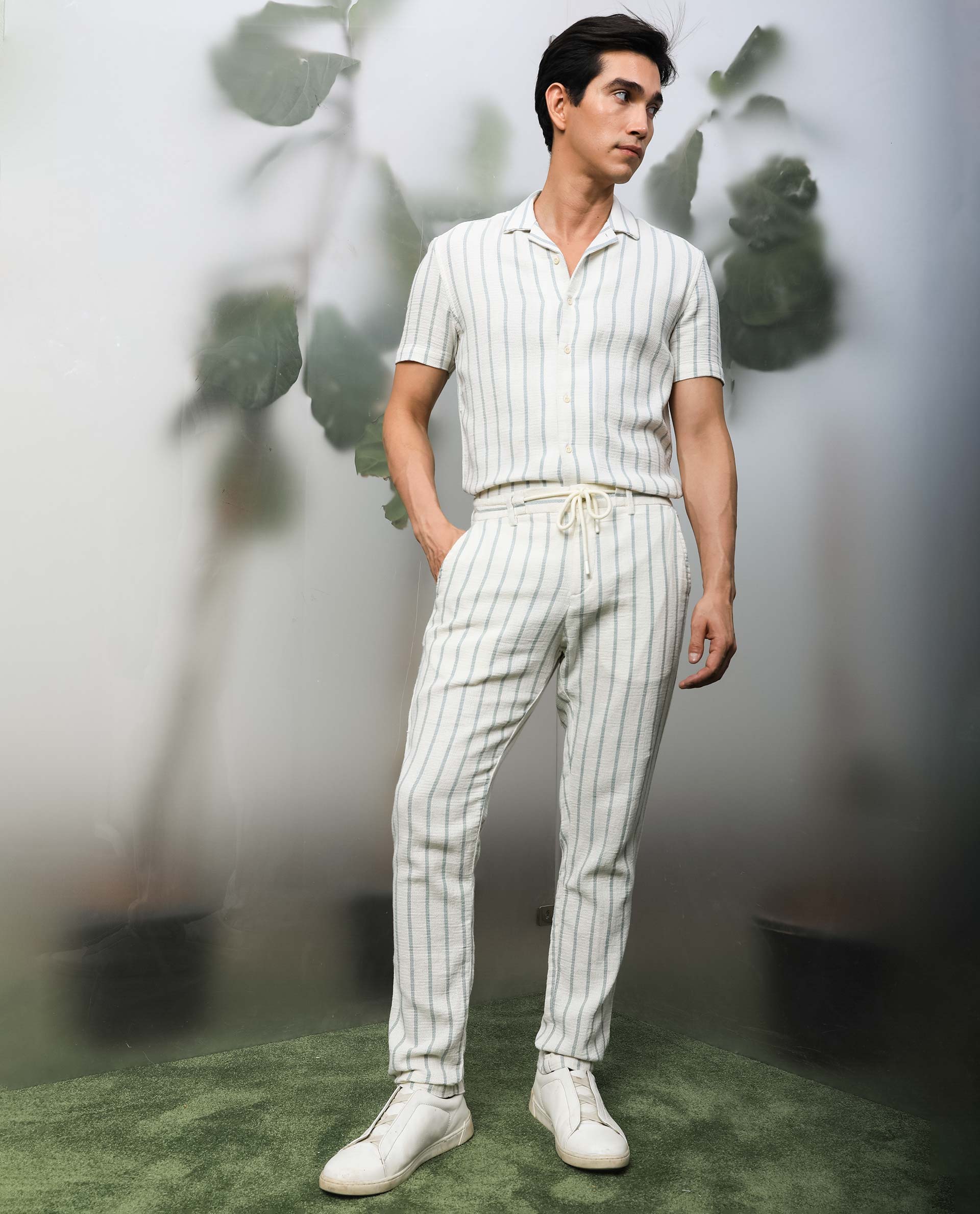 Rare Rabbit Men's Nanos Off White Cotton Striped Print Regular Fit Half Sleeve Cuban Collar Shirt - Image 2