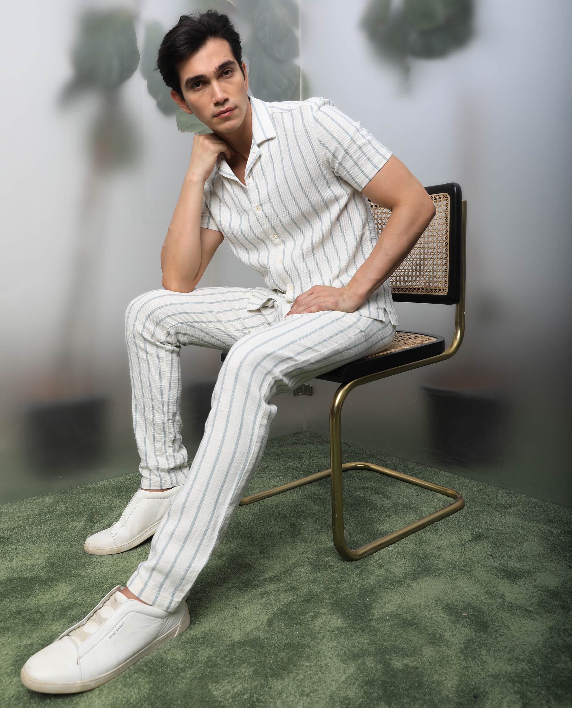 Rare Rabbit Men's Nanos Off White Cotton Striped Print Regular Fit Half Sleeve Cuban Collar Shirt - Image 5