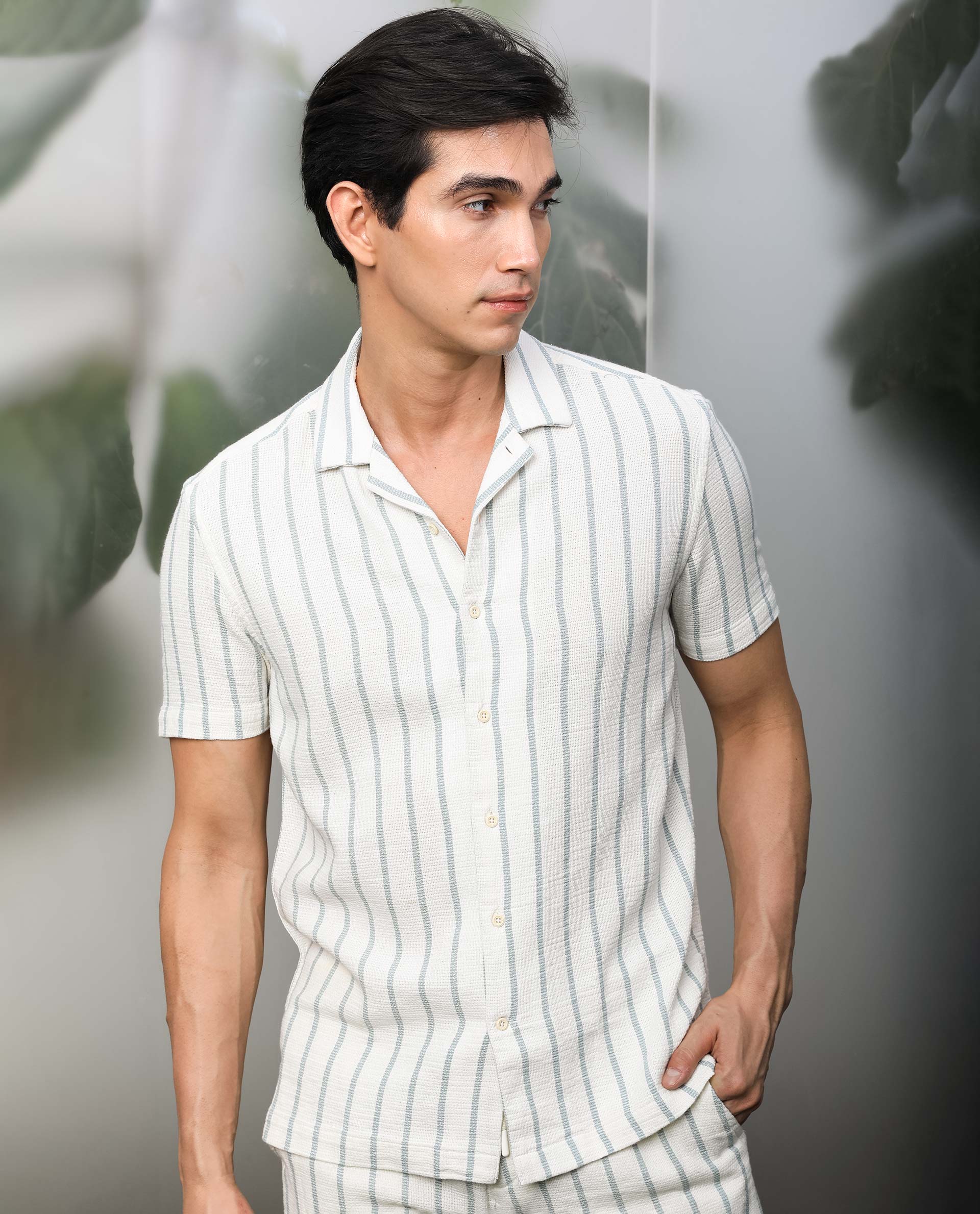 Rare Rabbit Men's Nanos Off White Cotton Striped Print Regular Fit Half Sleeve Cuban Collar Shirt - Image 7