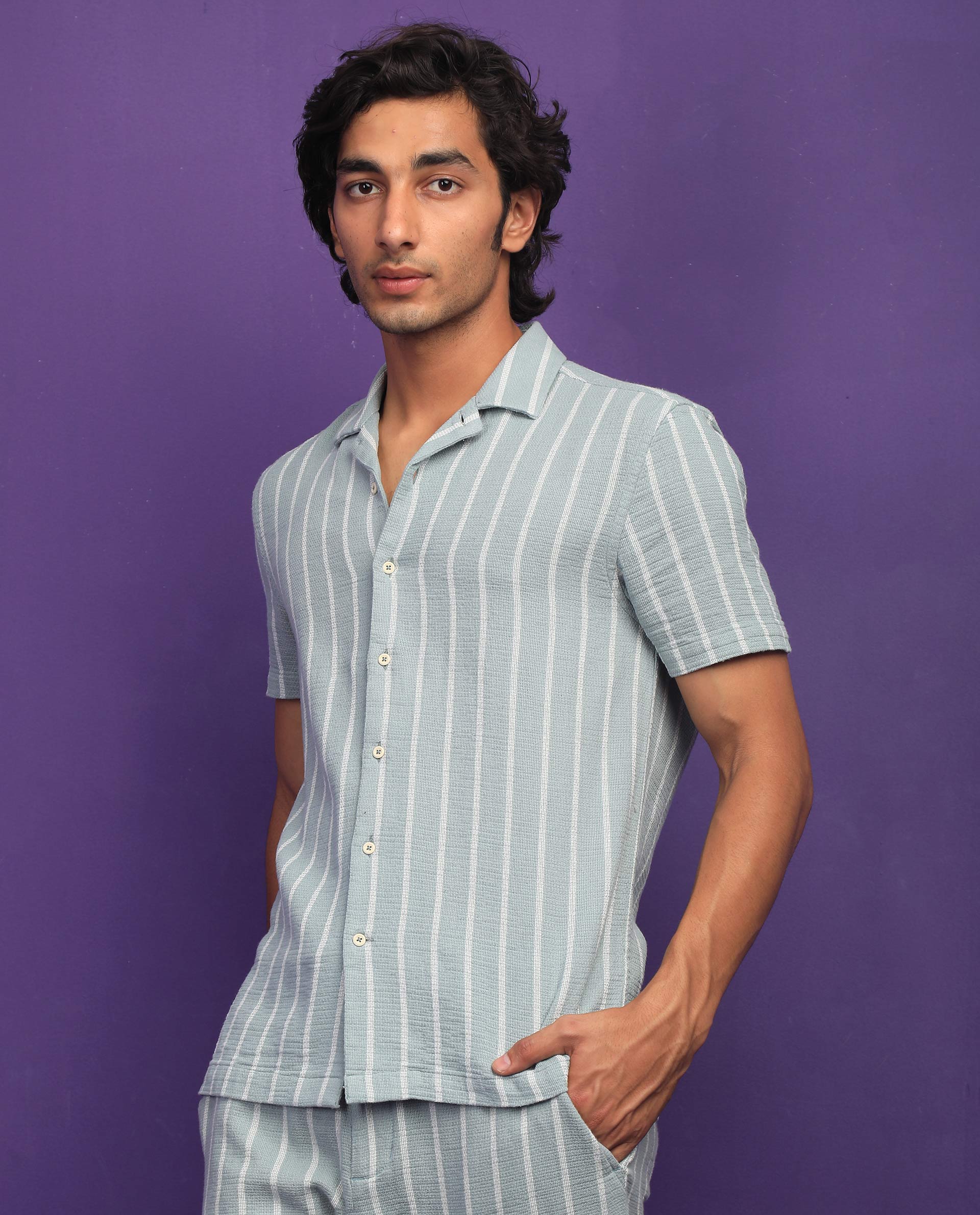 Rare Rabbit Men's Nanos Pastel Green Cotton Striped Print Regular Fit Half Sleeve Cuban Collar Shirt - Image 3