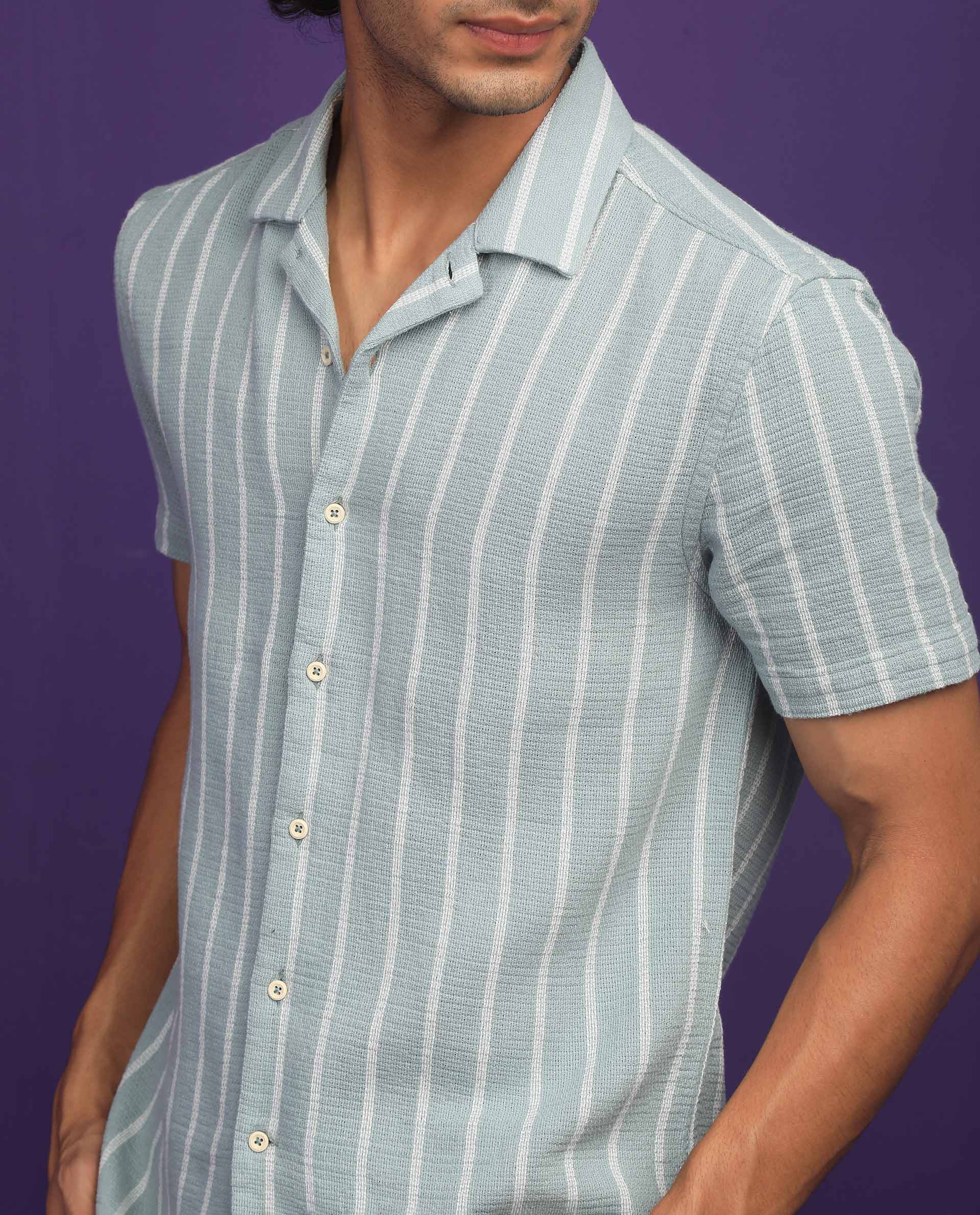 Rare Rabbit Men's Nanos Pastel Green Cotton Striped Print Regular Fit Half Sleeve Cuban Collar Shirt - Image 4