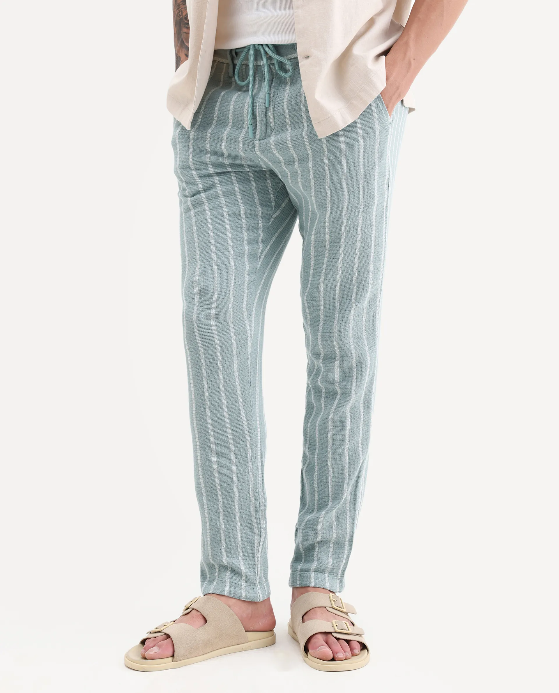 Rare Rabbit Men's Nanost Pastel Green Plain Regular Fit Trouser - Image 2