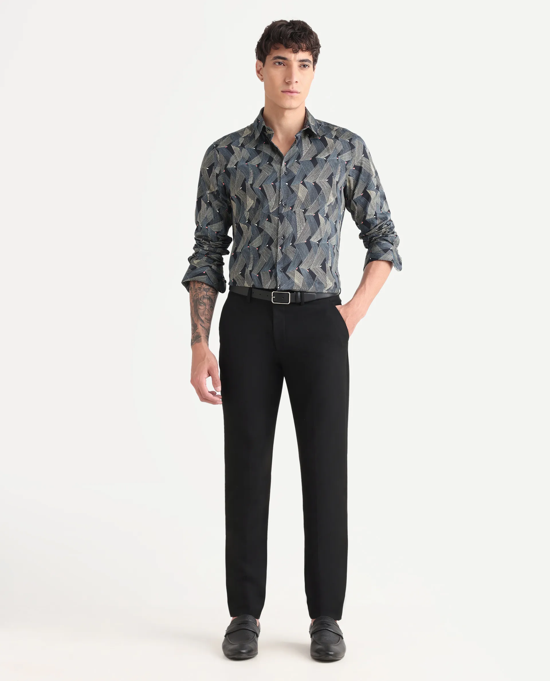 Rare Rabbit Men's Nant-25 Black Cotton Blend Geometric Print Regular Fit Full Sleeve Collared Shirt - Image 2