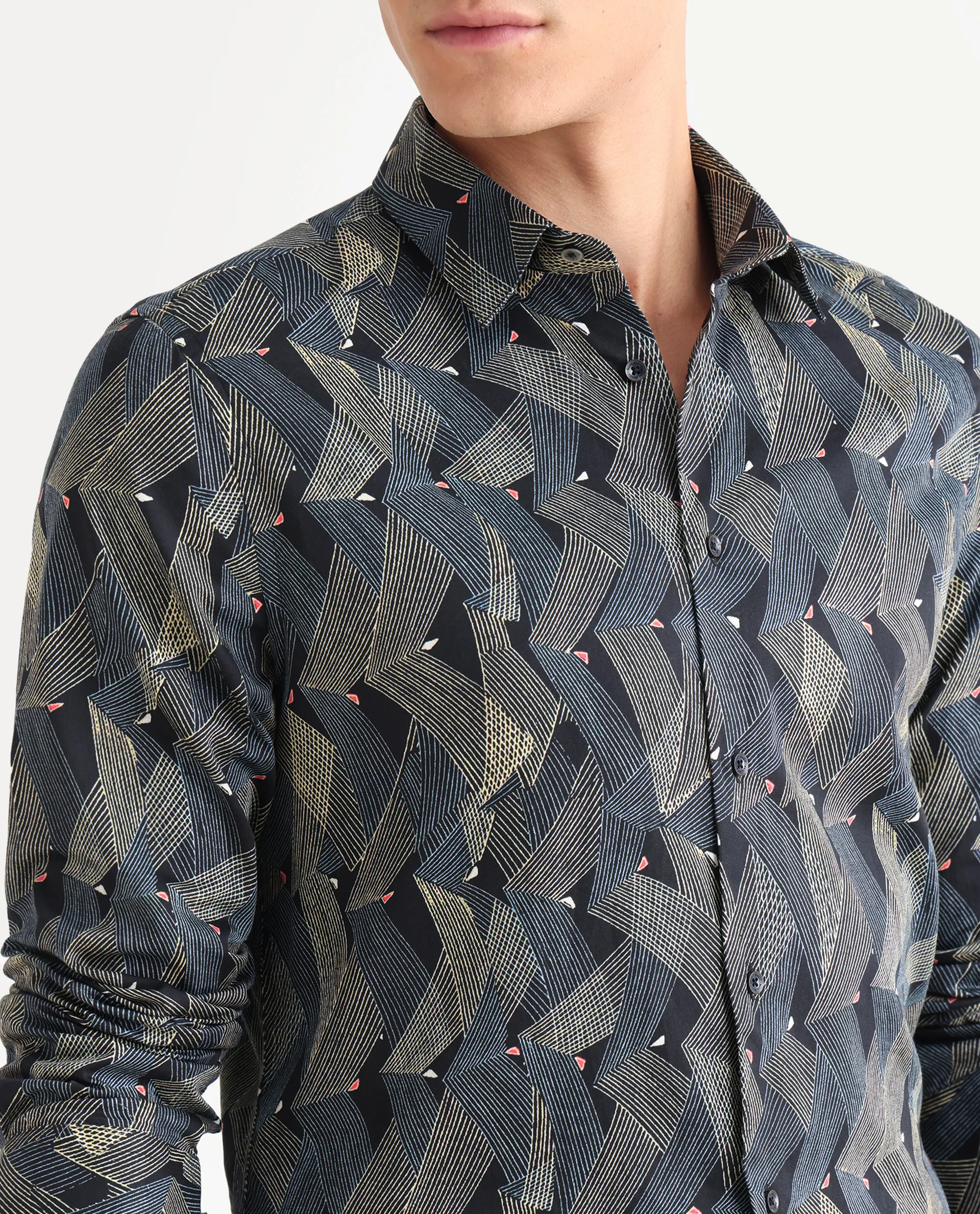 Rare Rabbit Men's Nant-25 Black Cotton Blend Geometric Print Regular Fit Full Sleeve Collared Shirt - Image 3