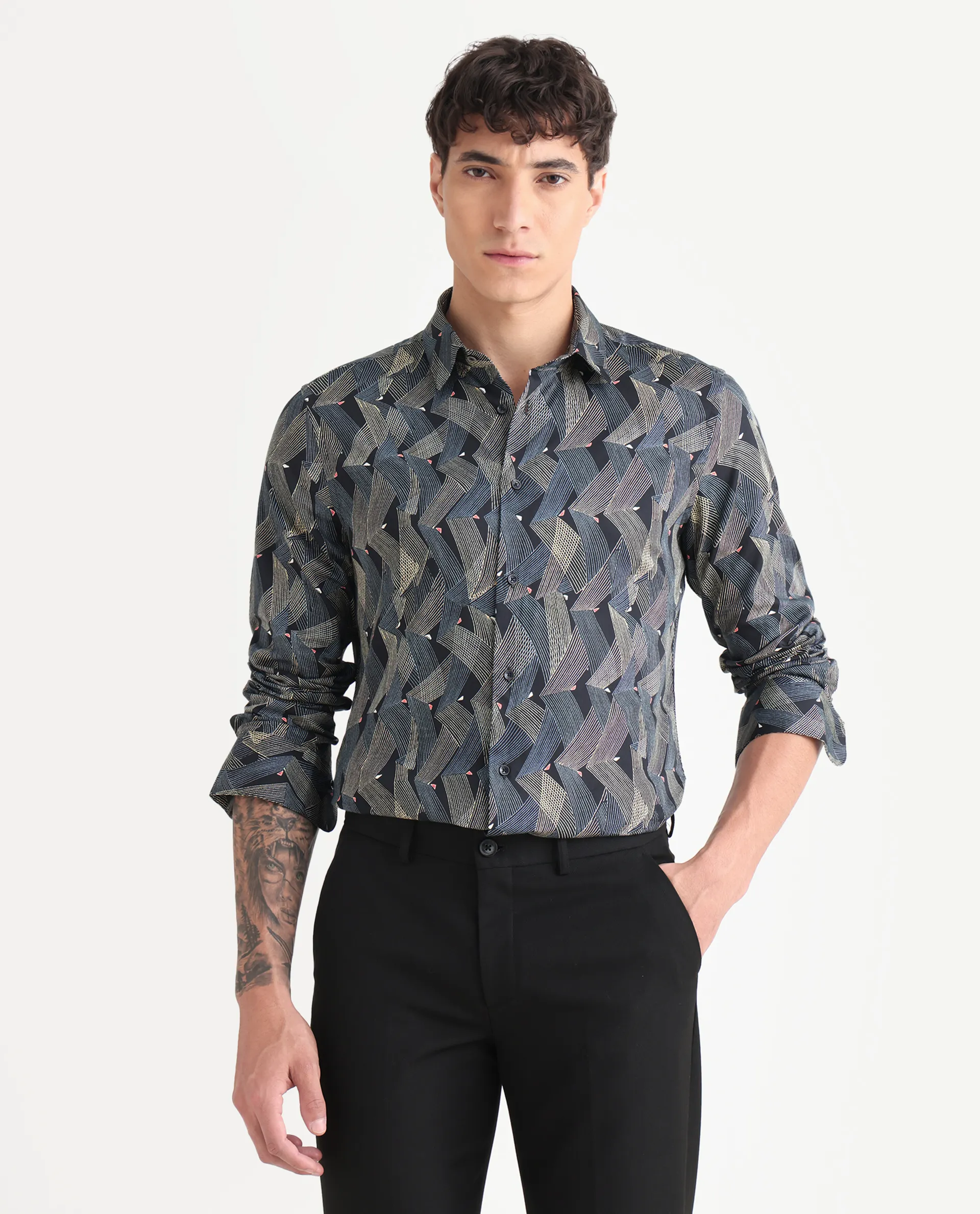 Rare Rabbit Men's Nant-25 Black Cotton Blend Geometric Print Regular Fit Full Sleeve Collared Shirt - Image 4