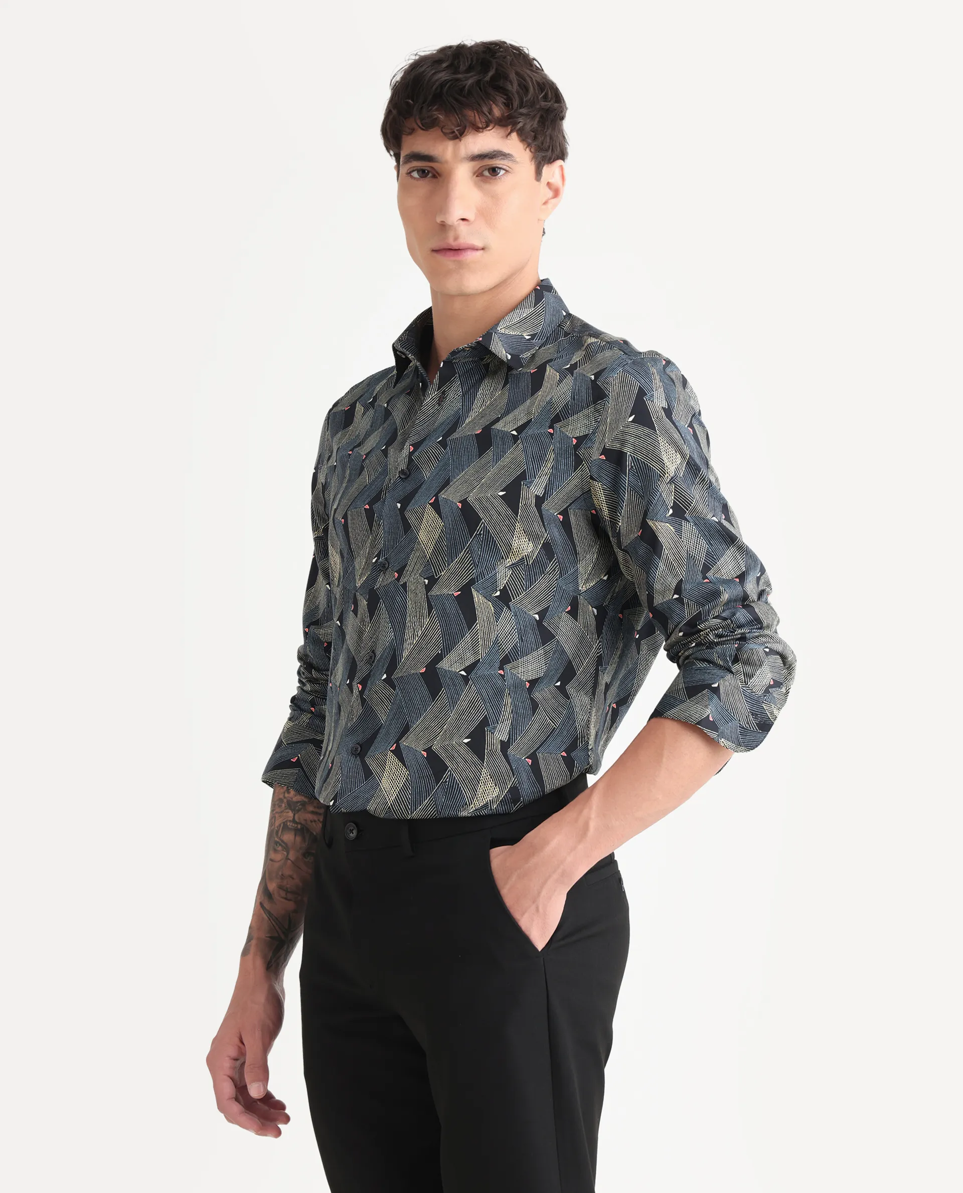 Rare Rabbit Men's Nant-25 Black Cotton Blend Geometric Print Regular Fit Full Sleeve Collared Shirt - Image 5