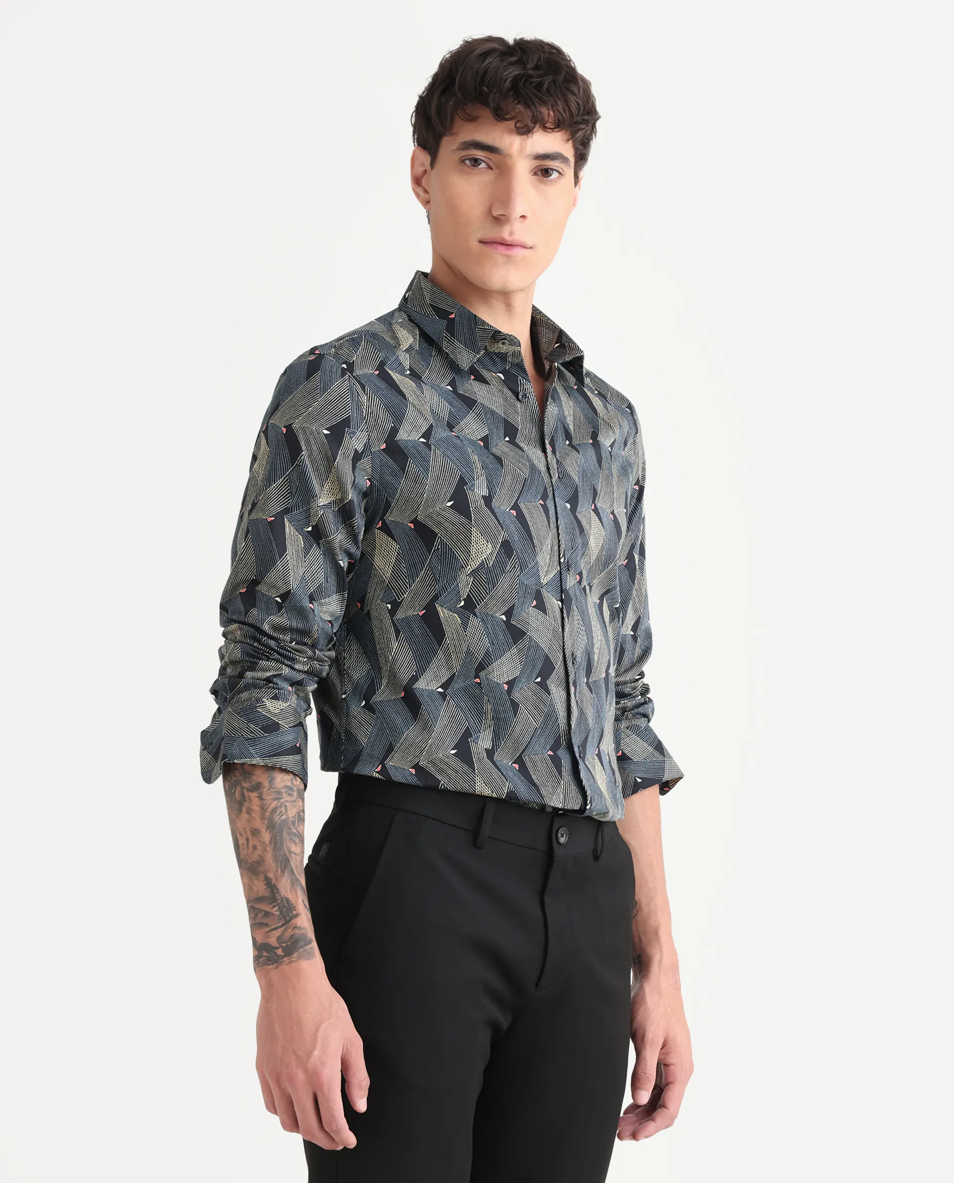 Rare Rabbit Men's Nant-25 Black Cotton Blend Geometric Print Regular Fit Full Sleeve Collared Shirt - Image 6