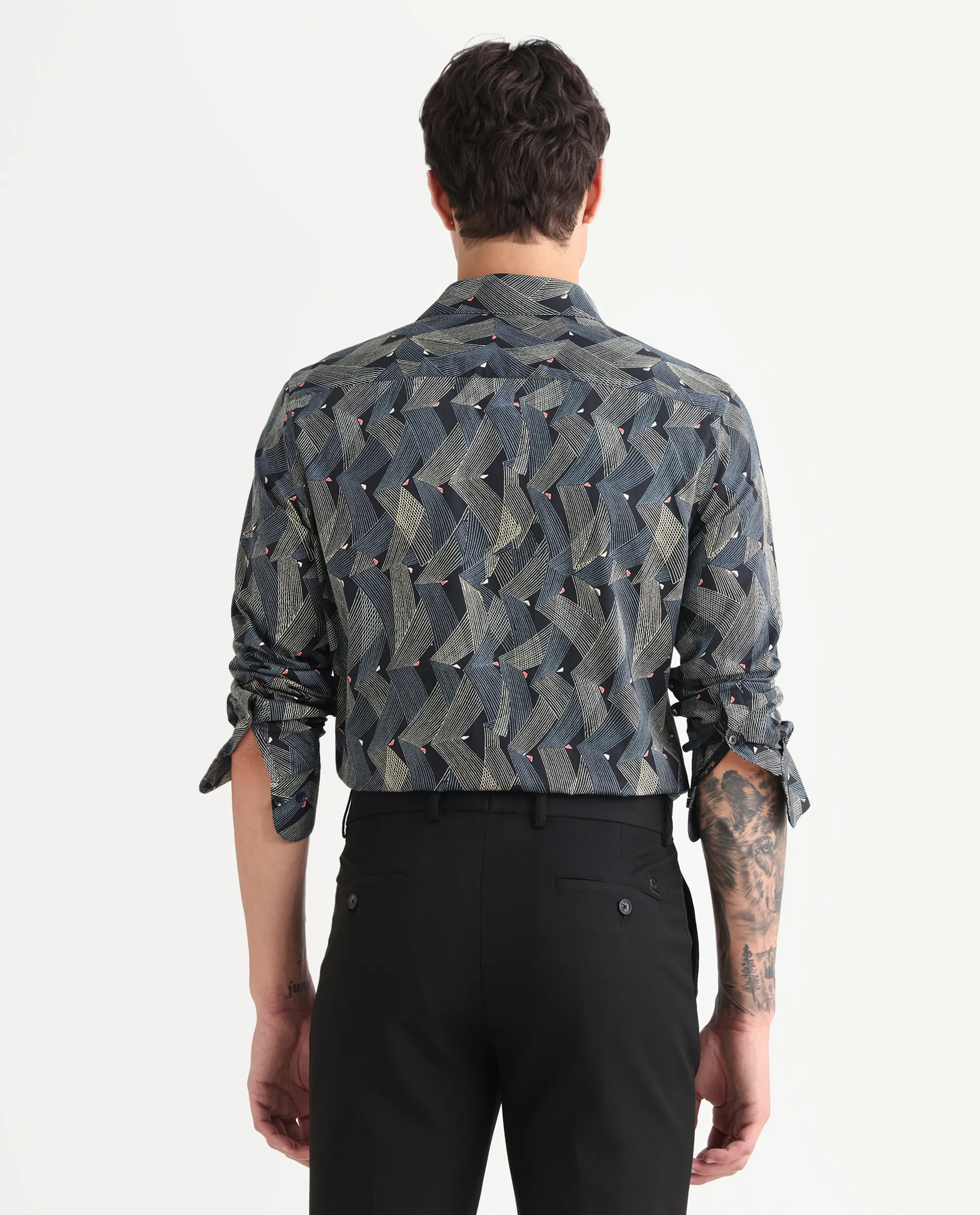 Rare Rabbit Men's Nant-25 Black Cotton Blend Geometric Print Regular Fit Full Sleeve Collared Shirt - Image 7