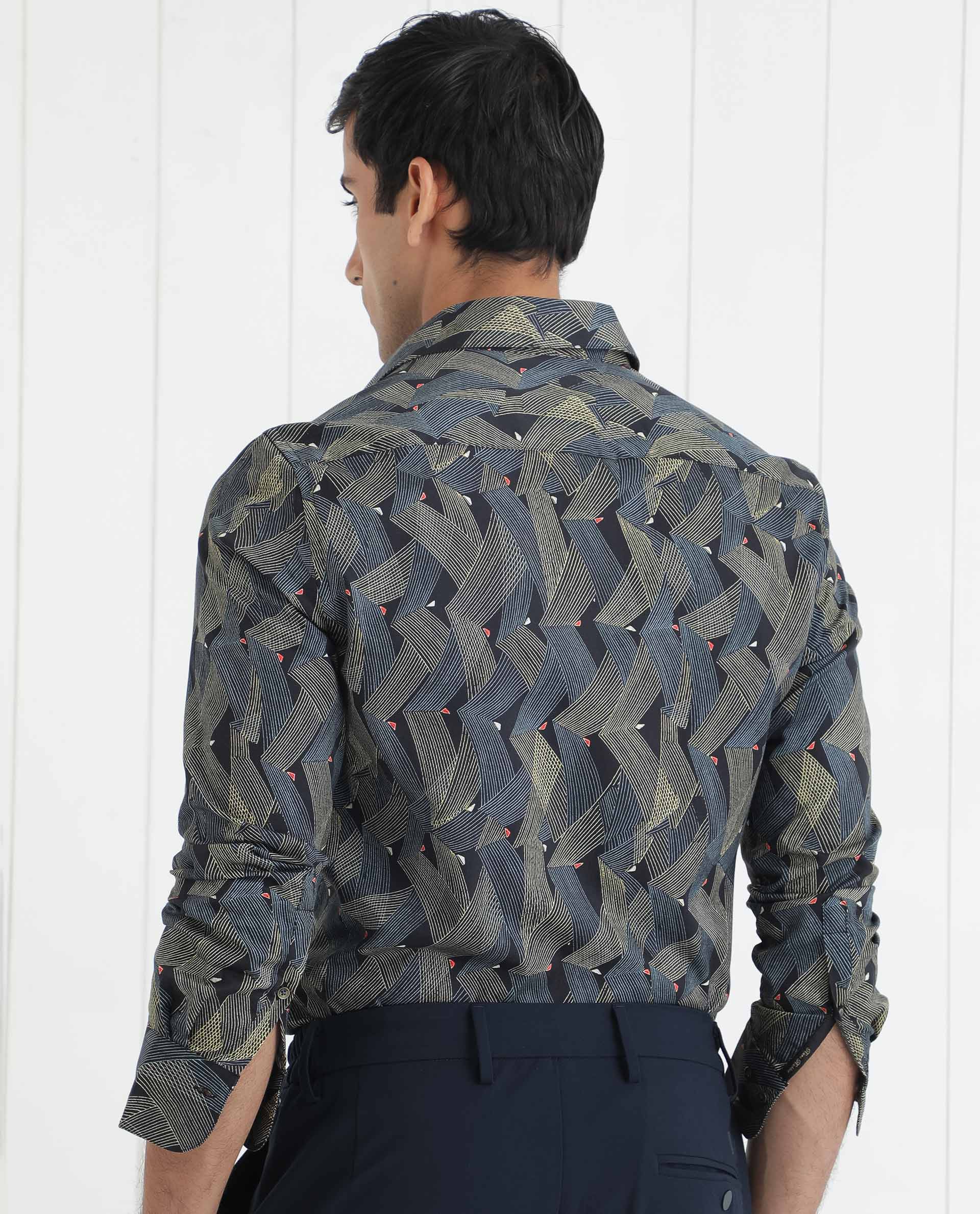 Rare Rabbit Men's Nant Black Viscose Geometric Print Regular Fit Full Sleeve Collared Shirt - Image 10