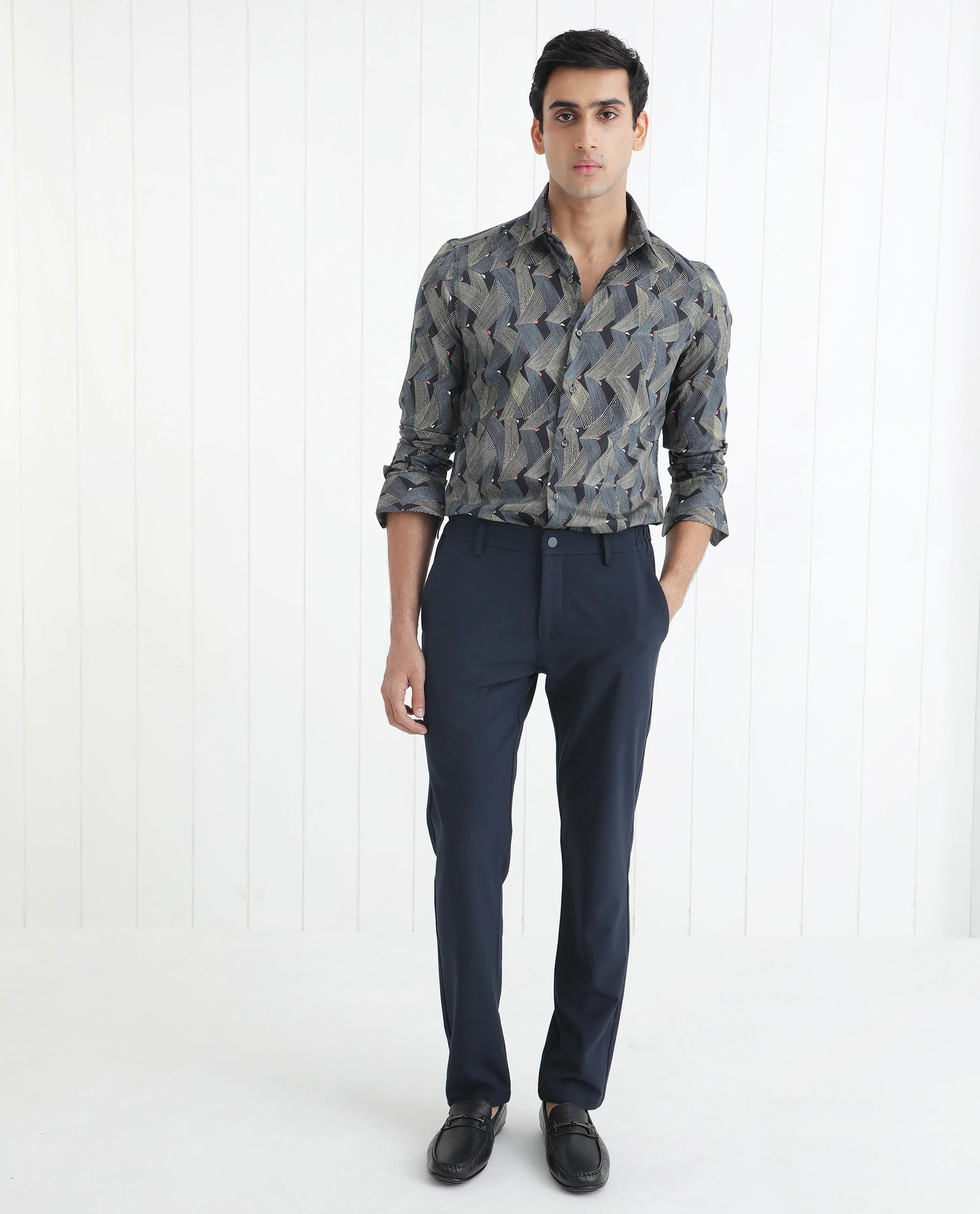 Rare Rabbit Men's Nant Black Viscose Geometric Print Regular Fit Full Sleeve Collared Shirt - Image 2