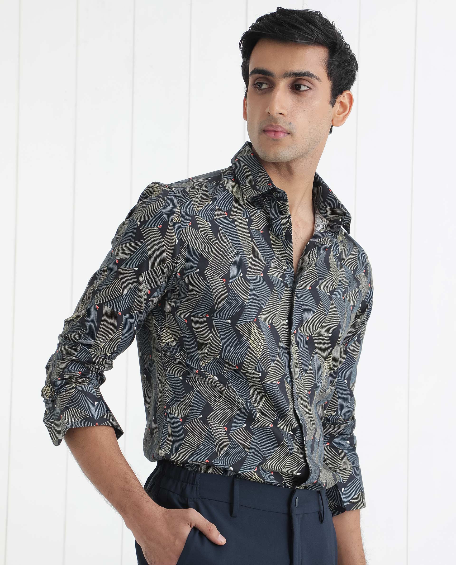 Rare Rabbit Men's Nant Black Viscose Geometric Print Regular Fit Full Sleeve Collared Shirt - Image 3