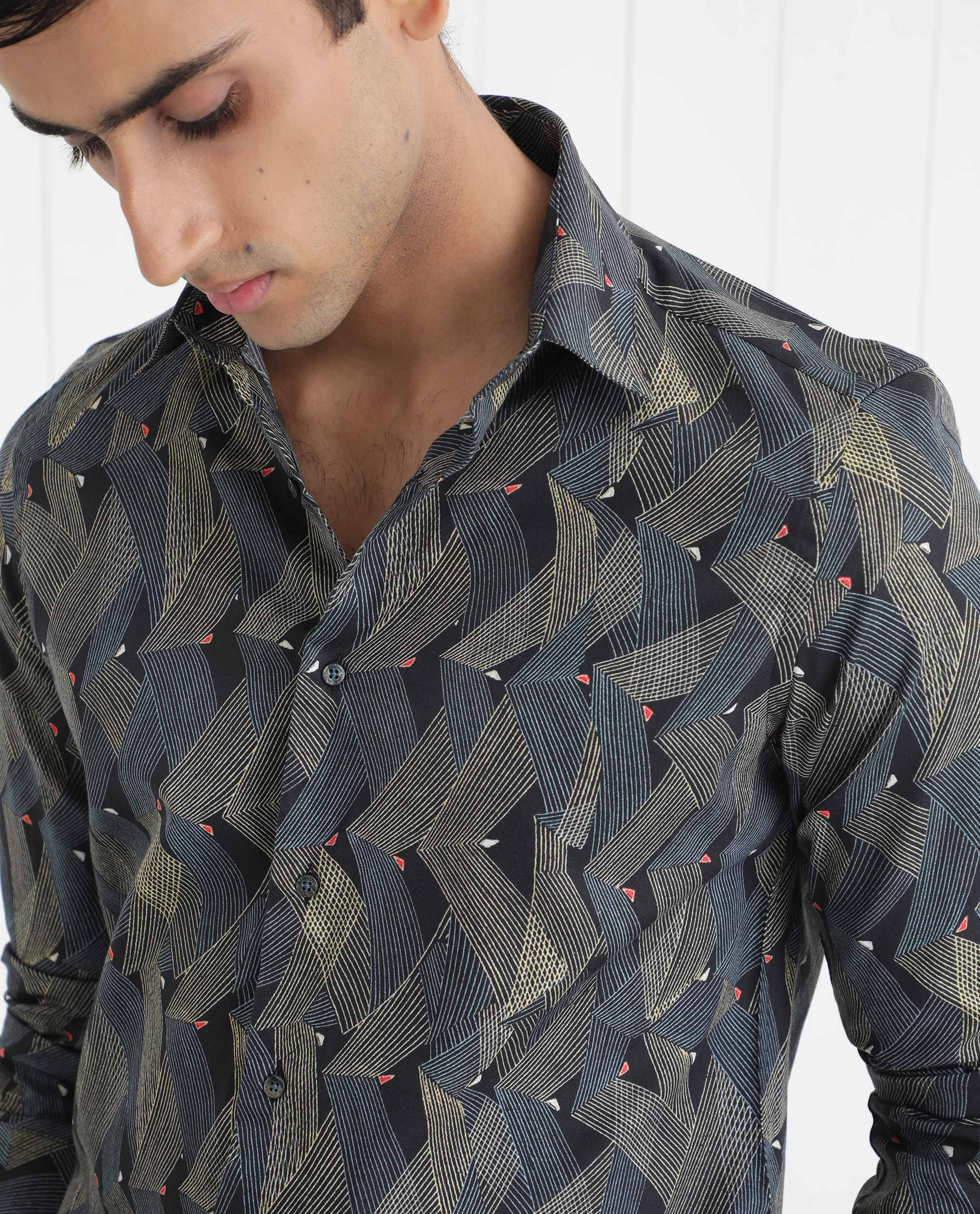 Rare Rabbit Men's Nant Black Viscose Geometric Print Regular Fit Full Sleeve Collared Shirt - Image 4