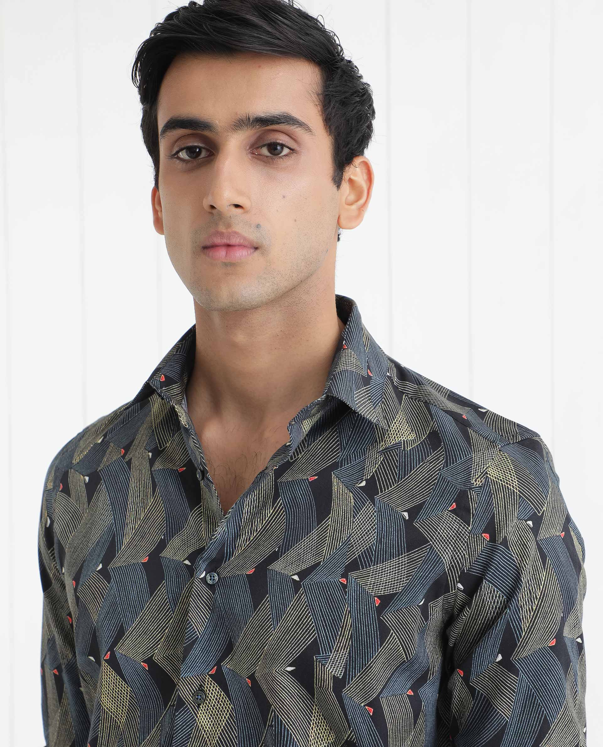 Rare Rabbit Men's Nant Black Viscose Geometric Print Regular Fit Full Sleeve Collared Shirt - Image 6