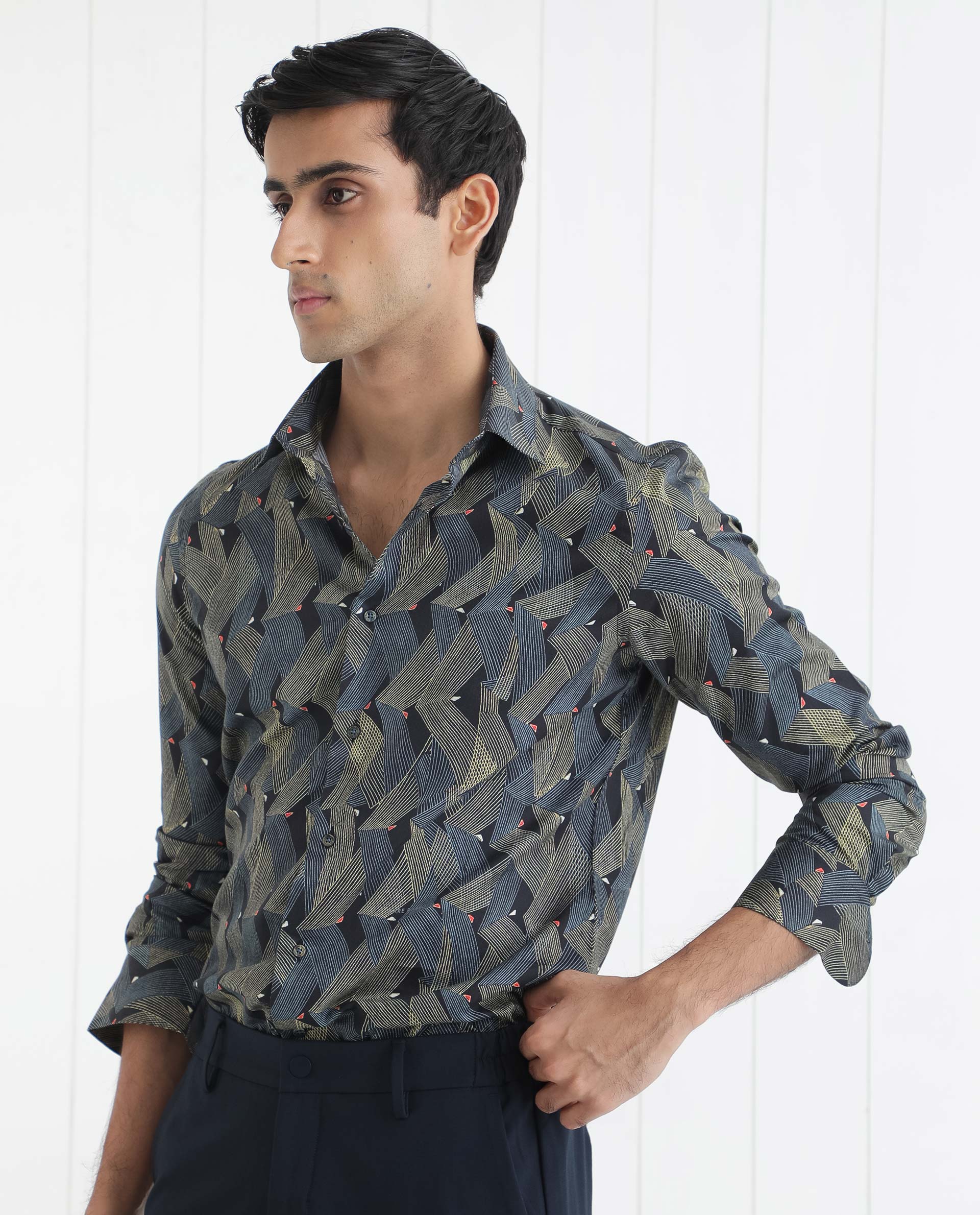Rare Rabbit Men's Nant Black Viscose Geometric Print Regular Fit Full Sleeve Collared Shirt - Image 7