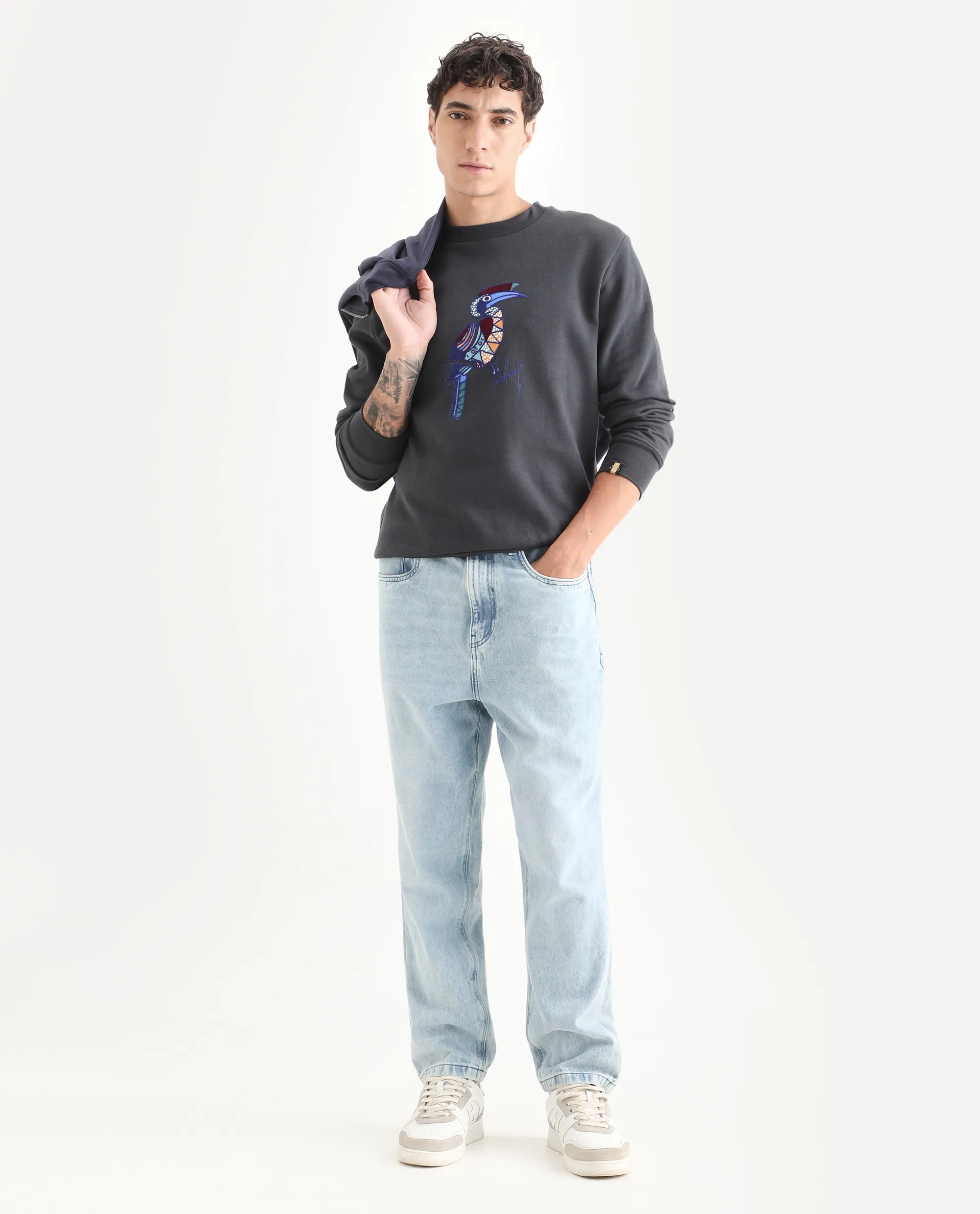 Rare Rabbit Men's Nantes Dark Grey Cotton Blend Graphic Print Boxy Fit Full Sleeve Crew Neck Sweatshirt - Image 2