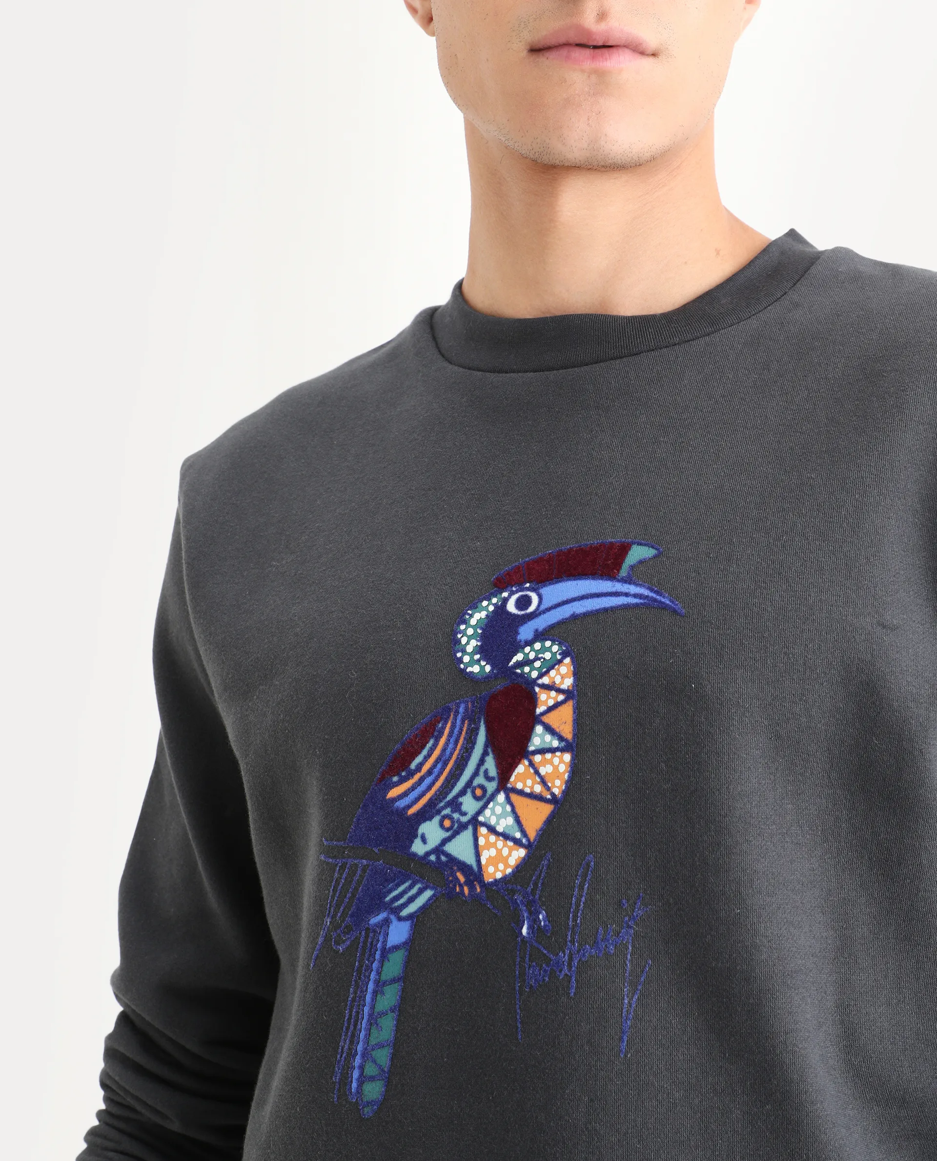 Rare Rabbit Men's Nantes Dark Grey Cotton Blend Graphic Print Boxy Fit Full Sleeve Crew Neck Sweatshirt - Image 3
