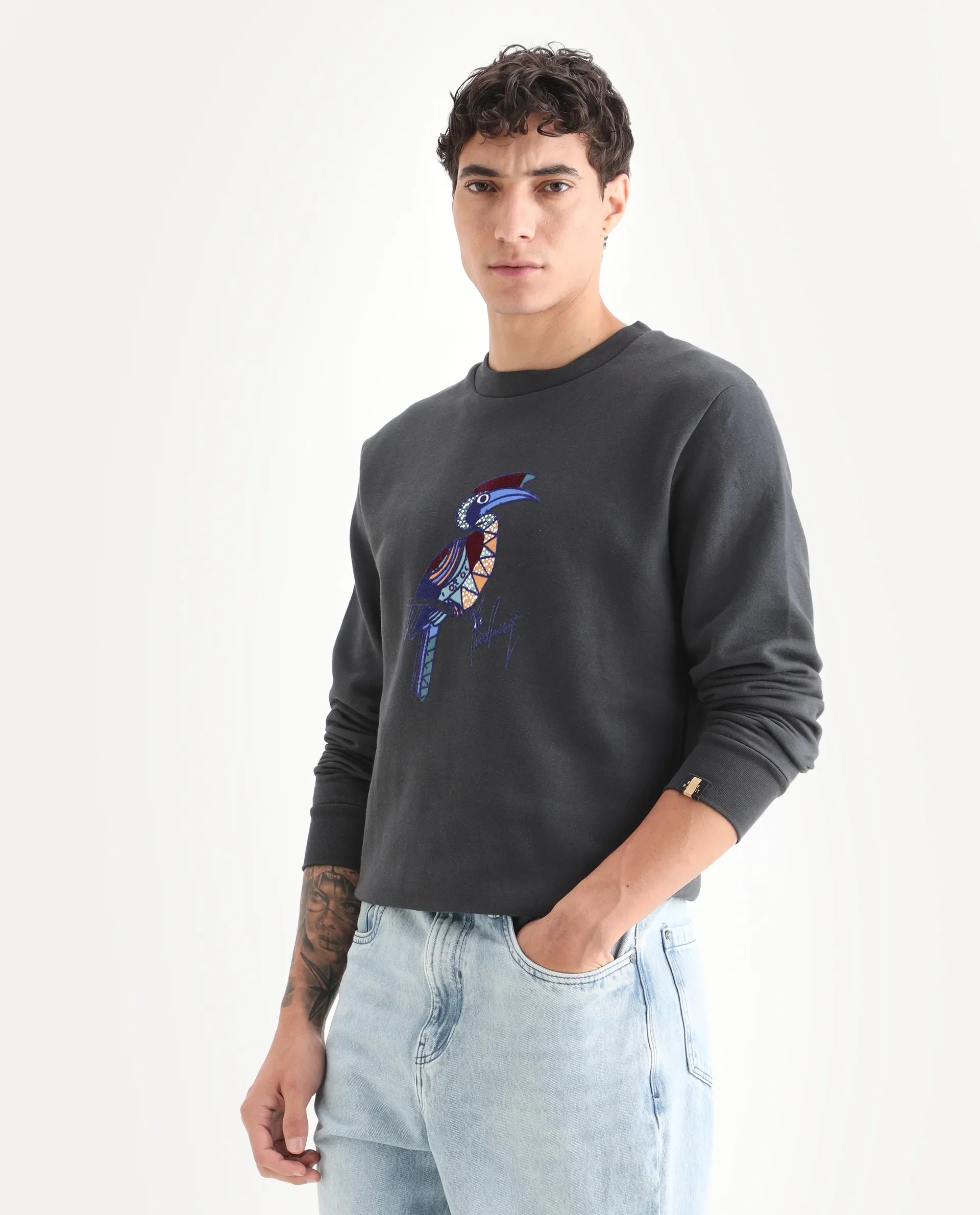 Rare Rabbit Men's Nantes Dark Grey Cotton Blend Graphic Print Boxy Fit Full Sleeve Crew Neck Sweatshirt - Image 4
