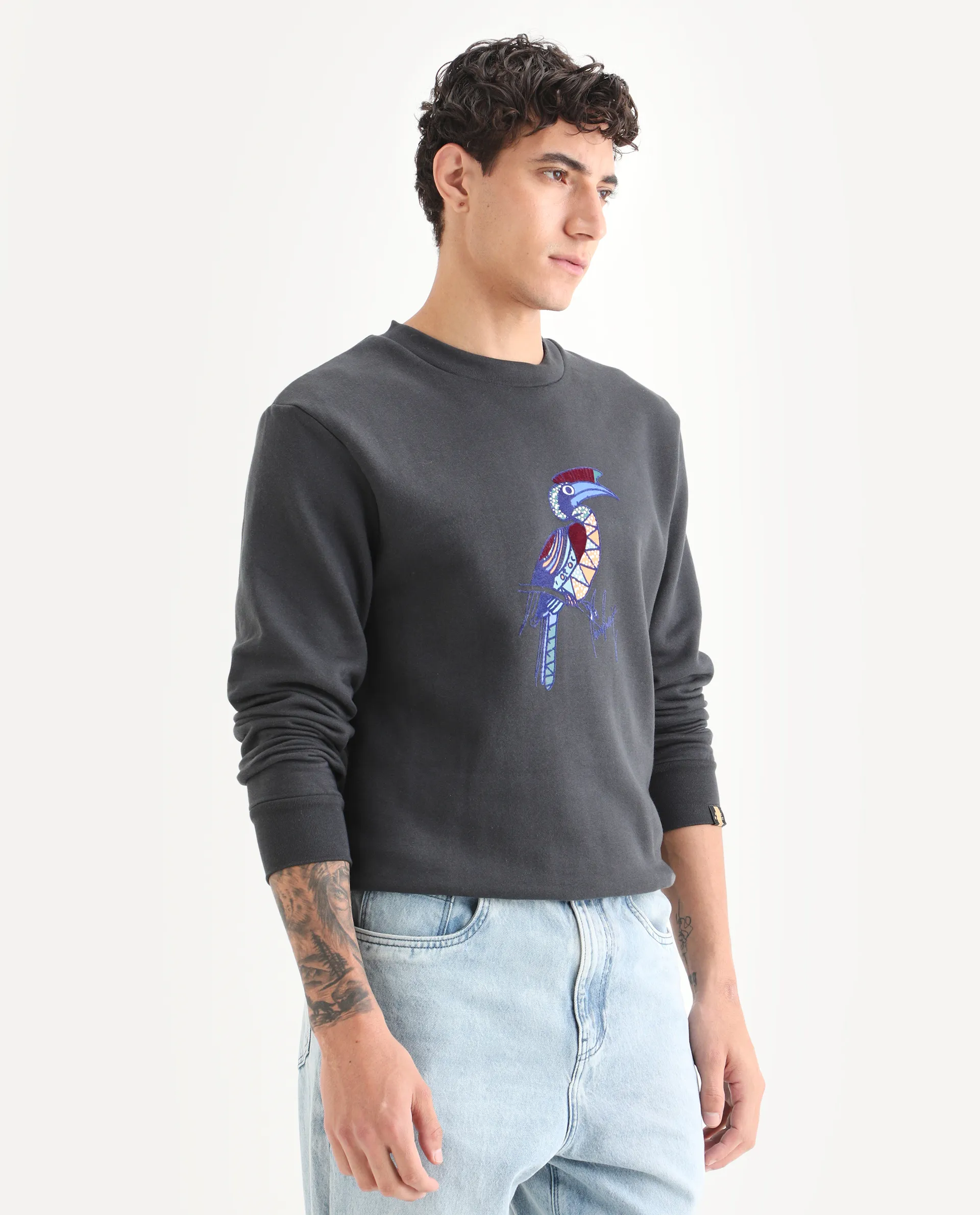 Rare Rabbit Men's Nantes Dark Grey Cotton Blend Graphic Print Boxy Fit Full Sleeve Crew Neck Sweatshirt - Image 5