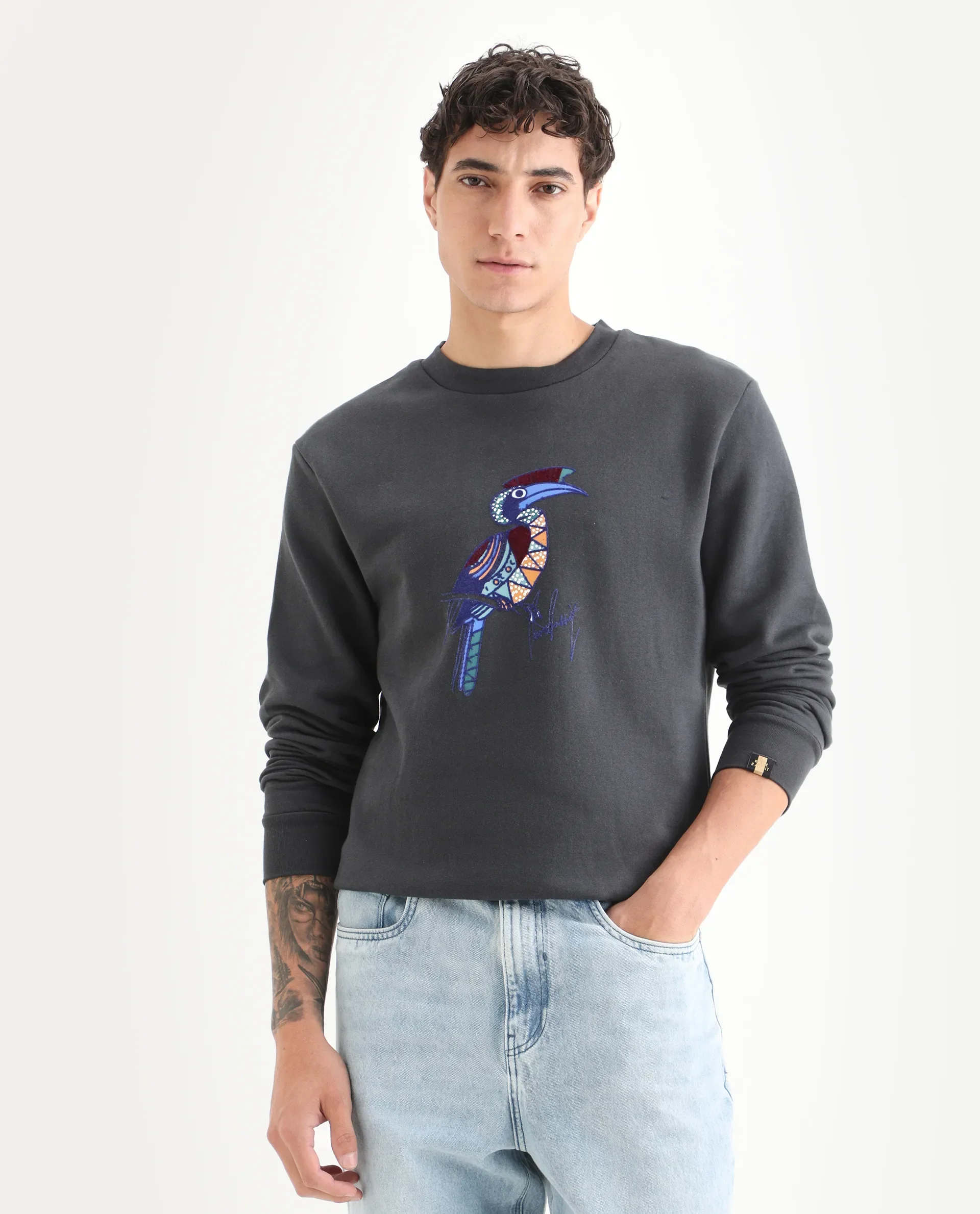 Rare Rabbit Men's Nantes Dark Grey Cotton Blend Graphic Print Boxy Fit Full Sleeve Crew Neck Sweatshirt - Image 6