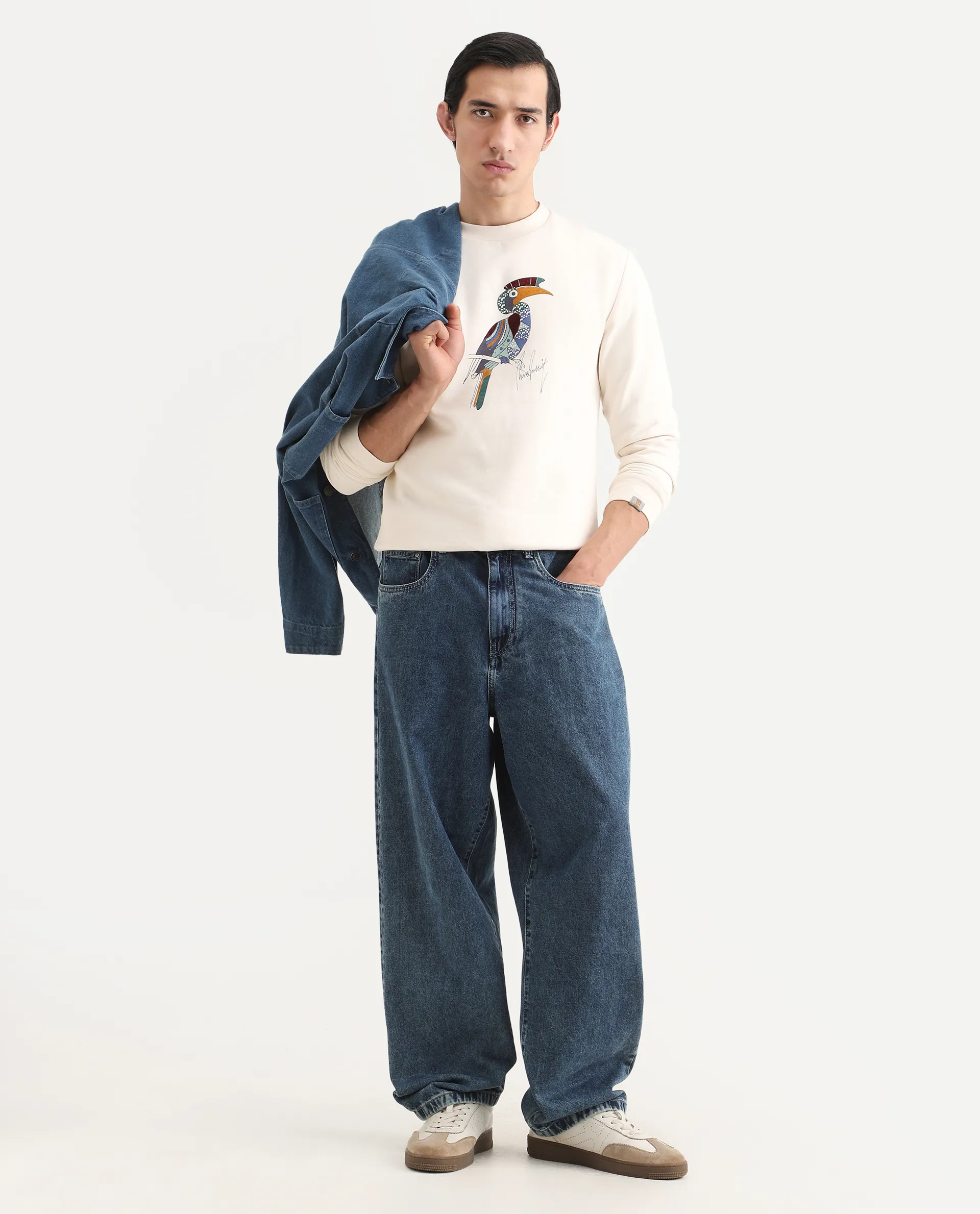Rare Rabbit Men's Nantes Off White Cotton Blend Graphic Print Boxy Fit Full Sleeve Crew Neck Sweatshirt - Image 2