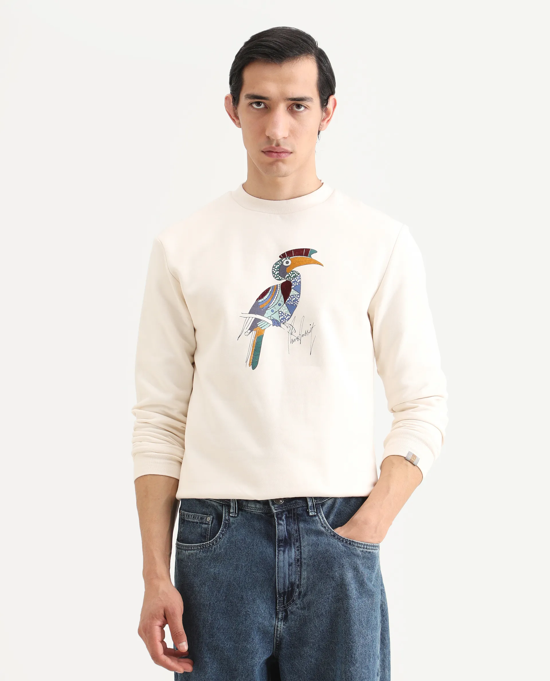 Rare Rabbit Men's Nantes Off White Cotton Blend Graphic Print Boxy Fit Full Sleeve Crew Neck Sweatshirt - Image 3