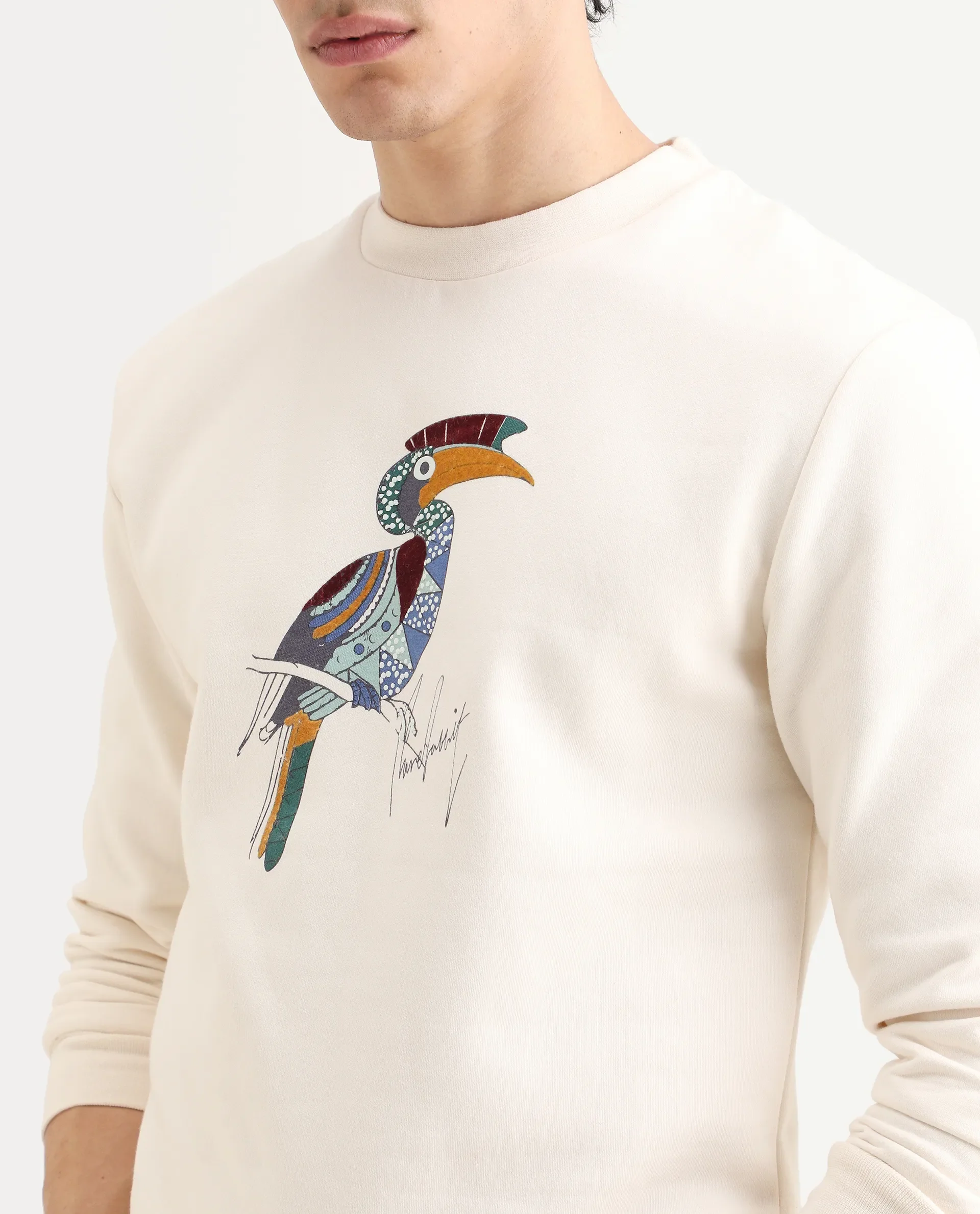 Rare Rabbit Men's Nantes Off White Cotton Blend Graphic Print Boxy Fit Full Sleeve Crew Neck Sweatshirt - Image 4