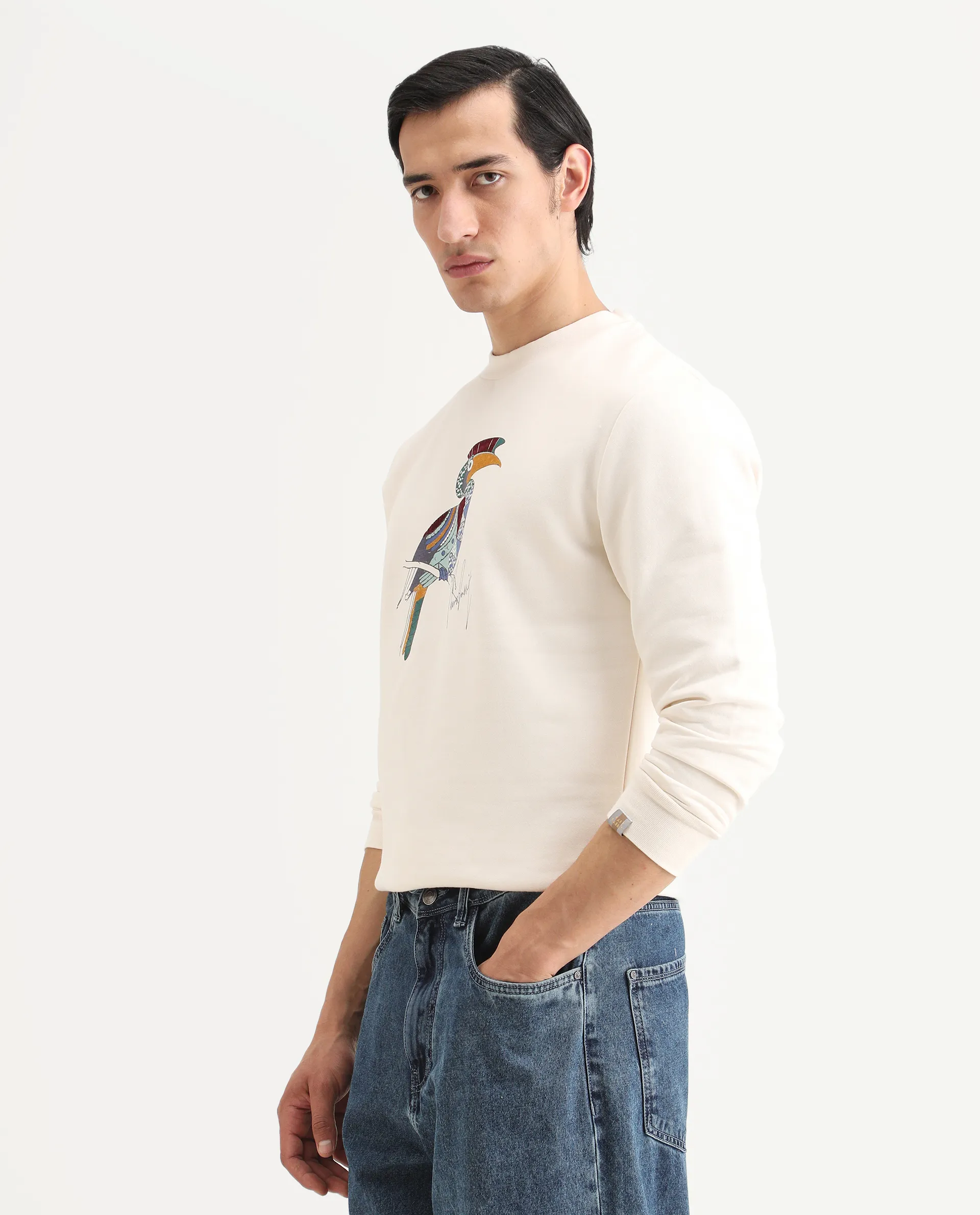 Rare Rabbit Men's Nantes Off White Cotton Blend Graphic Print Boxy Fit Full Sleeve Crew Neck Sweatshirt - Image 5