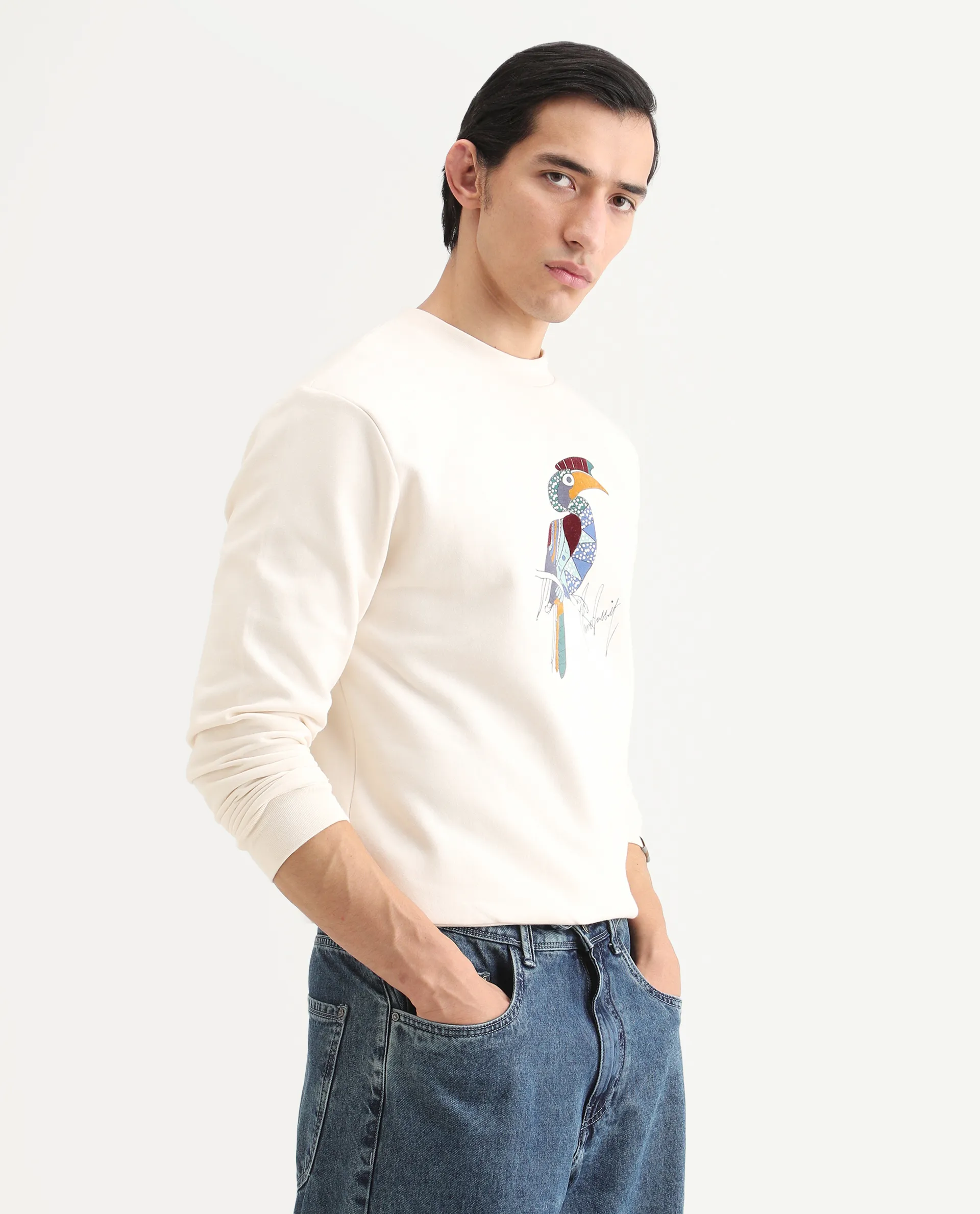 Rare Rabbit Men's Nantes Off White Cotton Blend Graphic Print Boxy Fit Full Sleeve Crew Neck Sweatshirt - Image 6