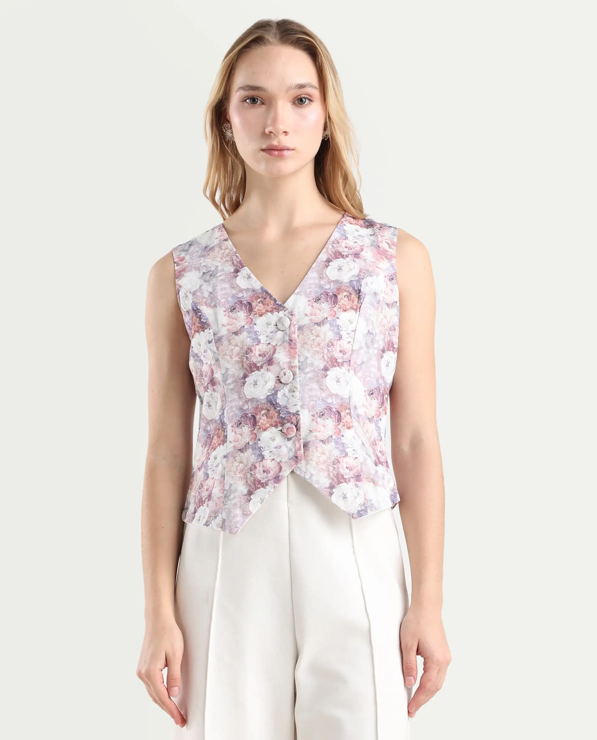 Rareism Women's Nantes Light Multi Cotton V-Neck Floral Print Sleeveless Regular Fitted Top - Image 3
