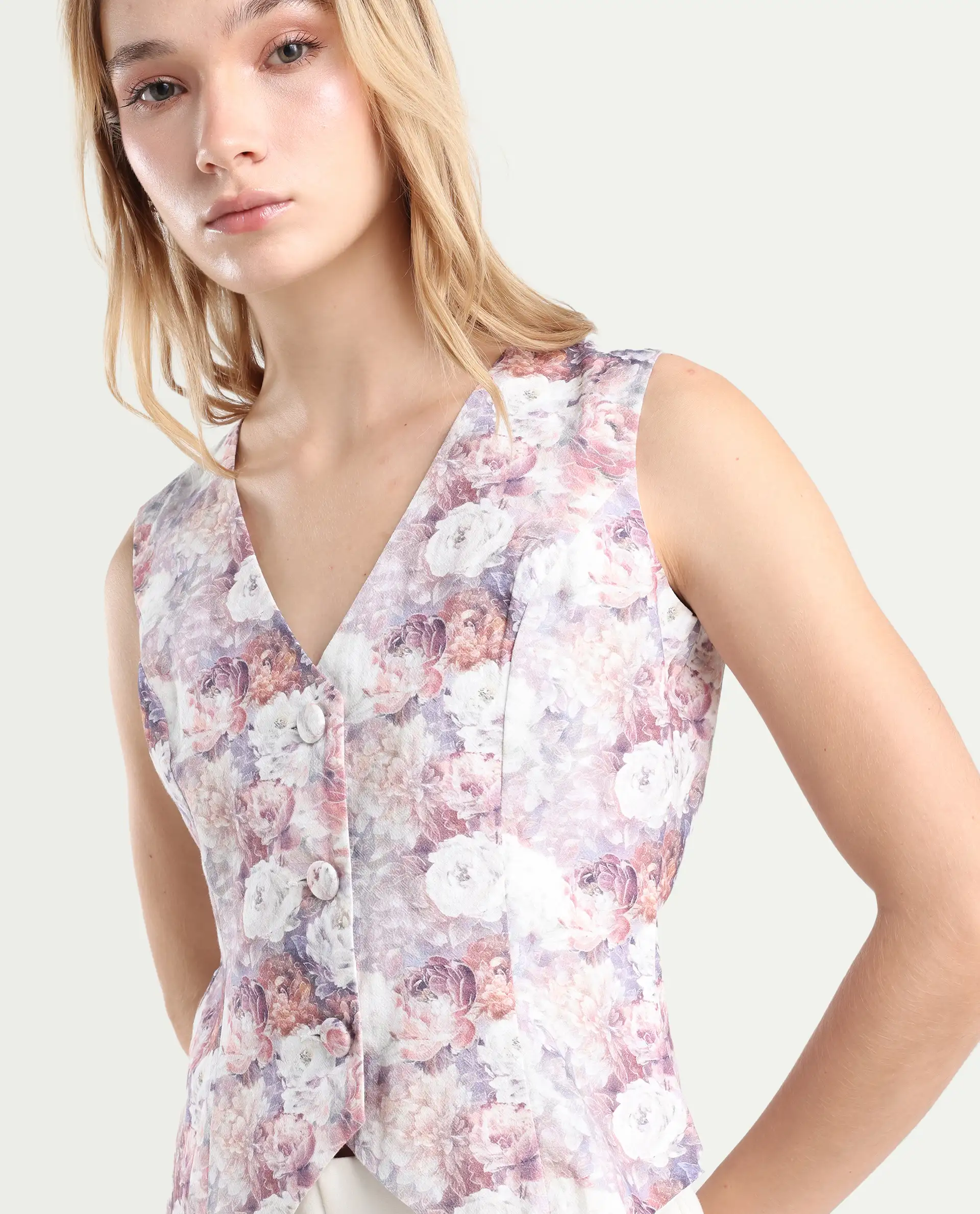 Rareism Women's Nantes Light Multi Cotton V-Neck Floral Print Sleeveless Regular Fitted Top - Image 4