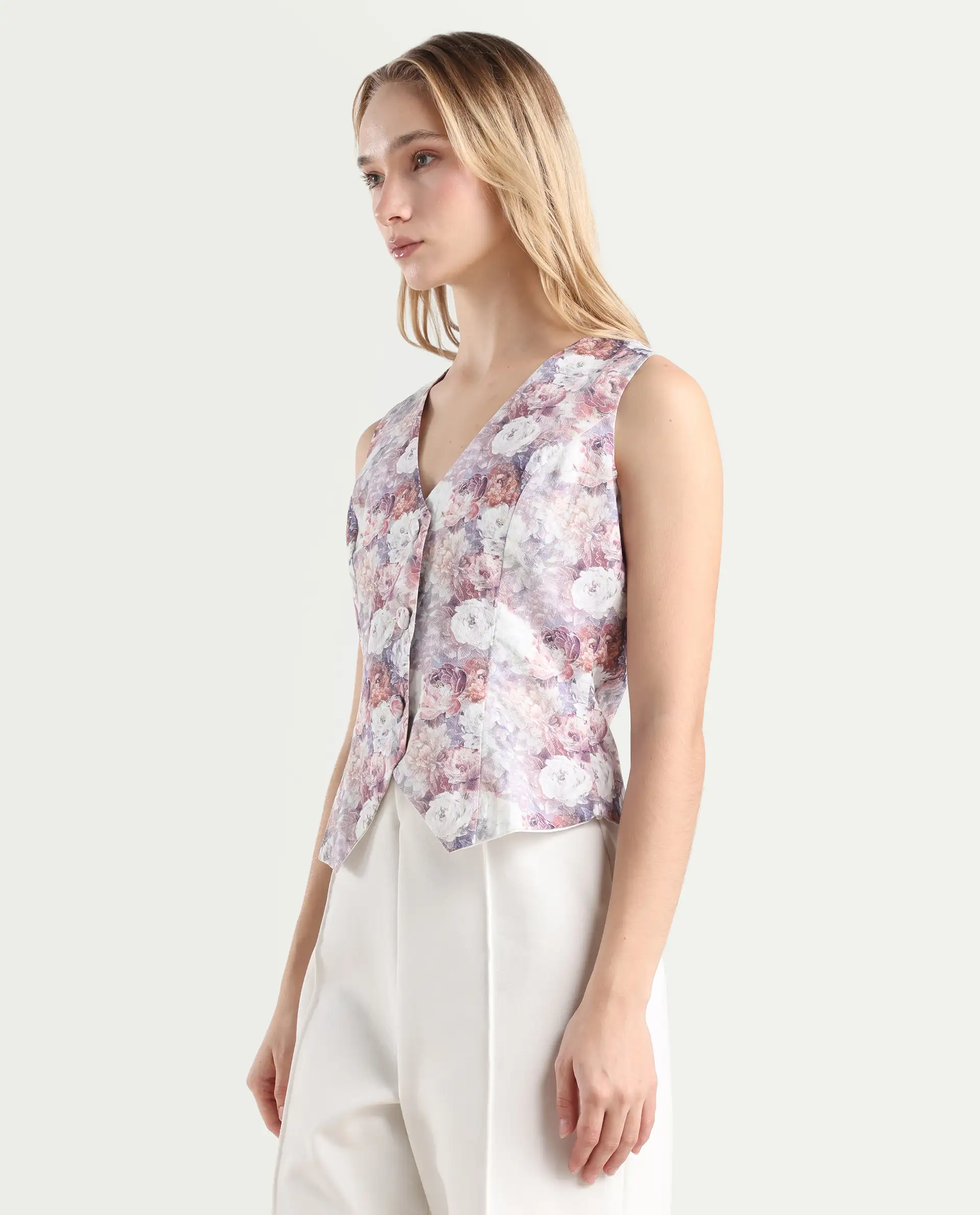 Rareism Women's Nantes Light Multi Cotton V-Neck Floral Print Sleeveless Regular Fitted Top - Image 5