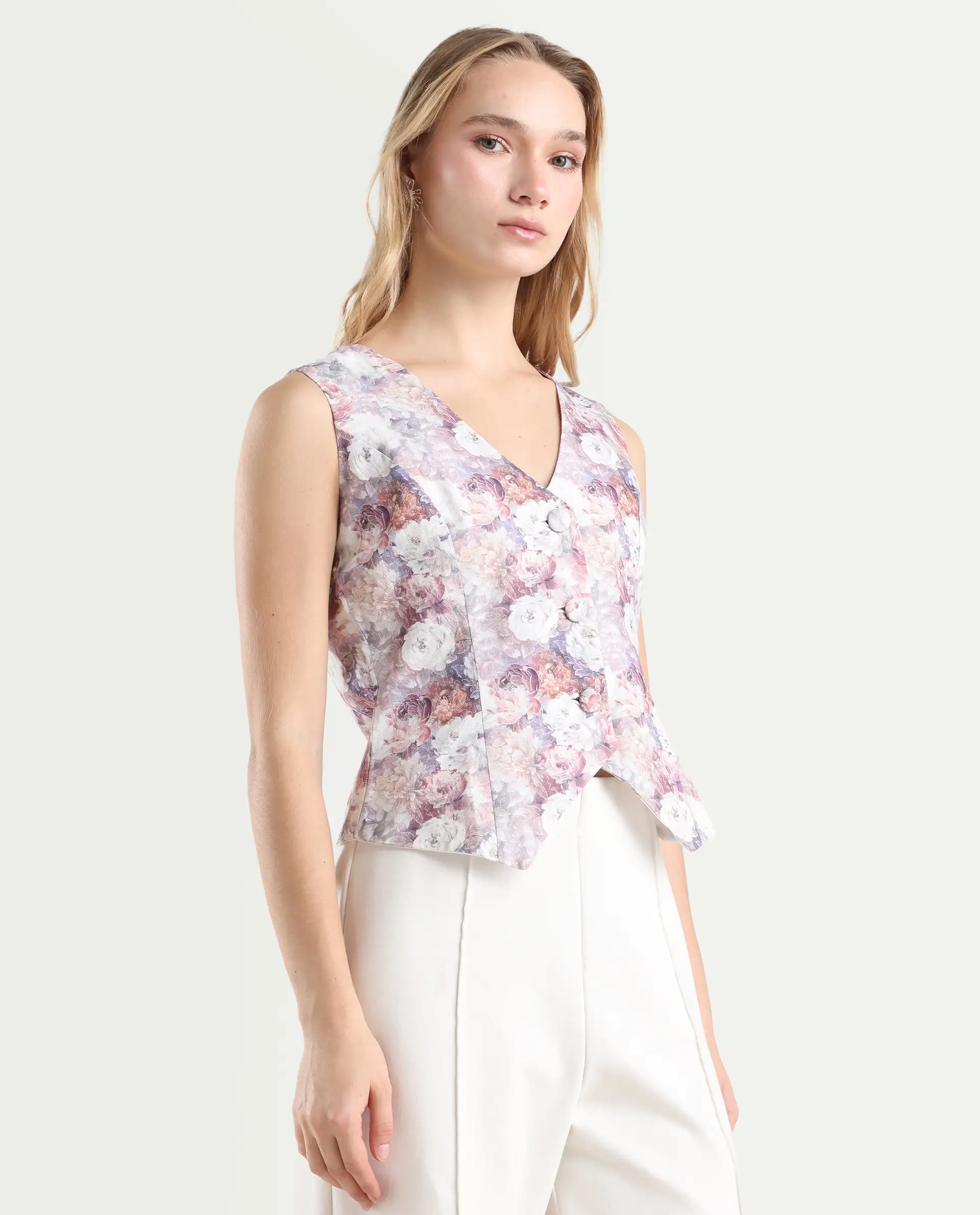Rareism Women's Nantes Light Multi Cotton V-Neck Floral Print Sleeveless Regular Fitted Top - Image 6
