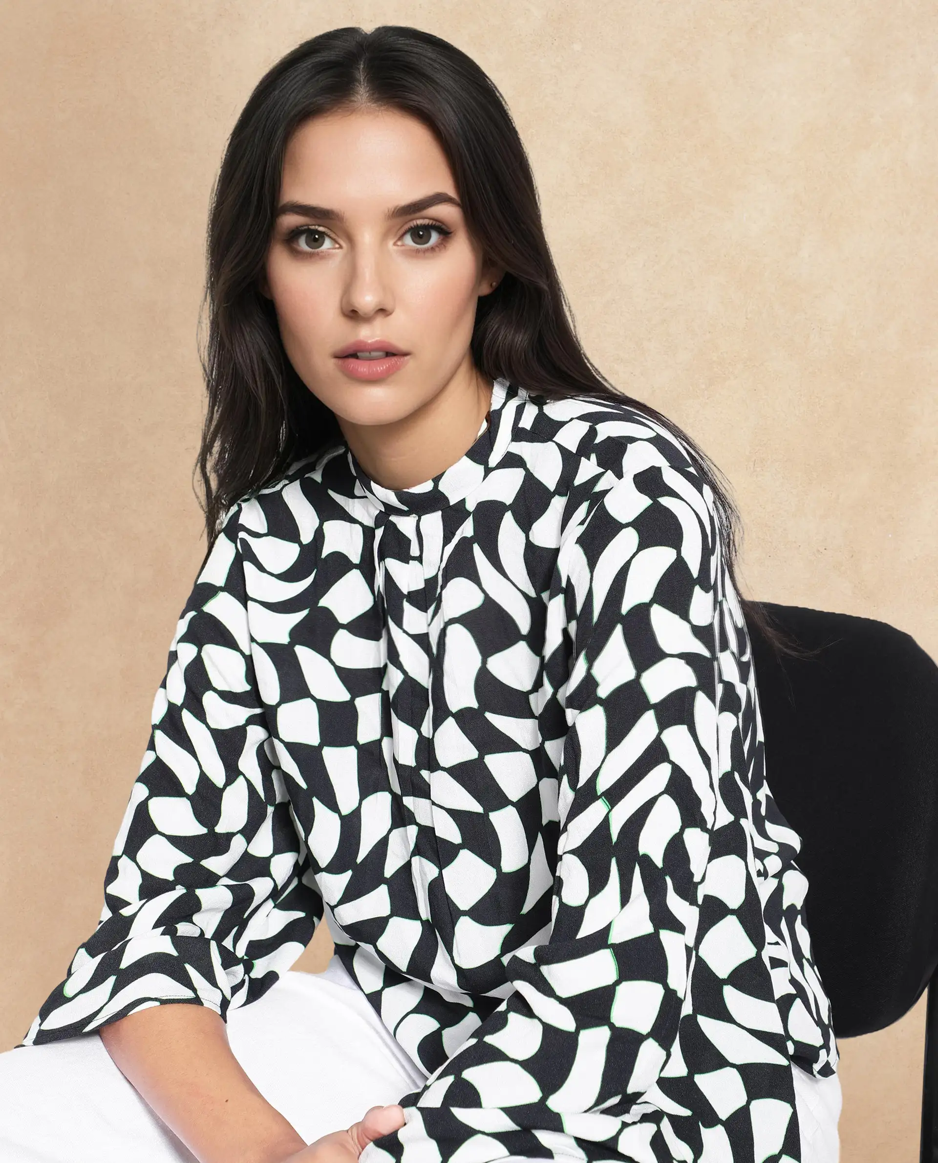 Rareism Women's Napleo Black Viscose Blend High Neck Geometric Print Bell Sleeve Regular Fit Top