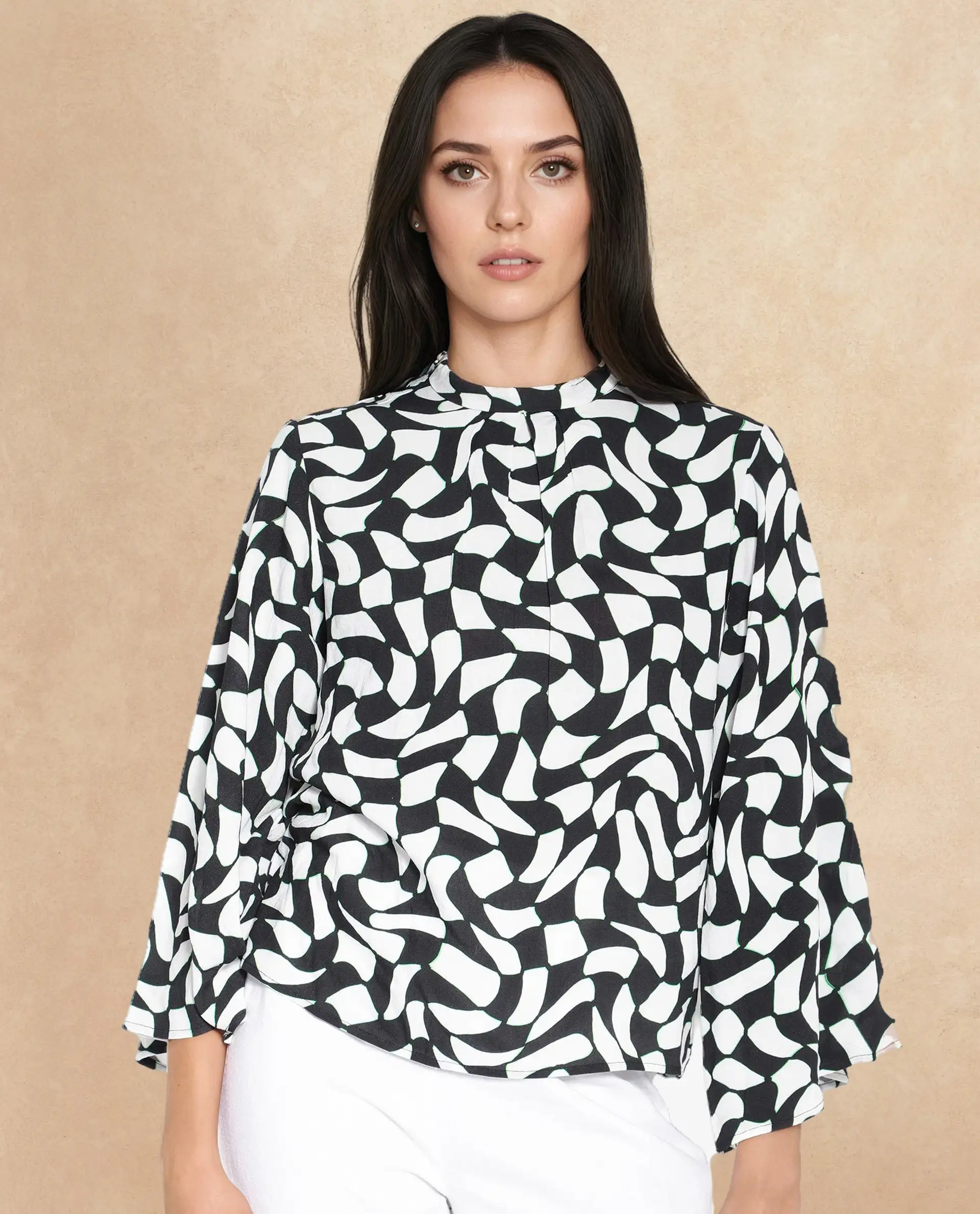 Rareism Women's Napleo Black Viscose Blend High Neck Geometric Print Bell Sleeve Regular Fit Top - Image 2