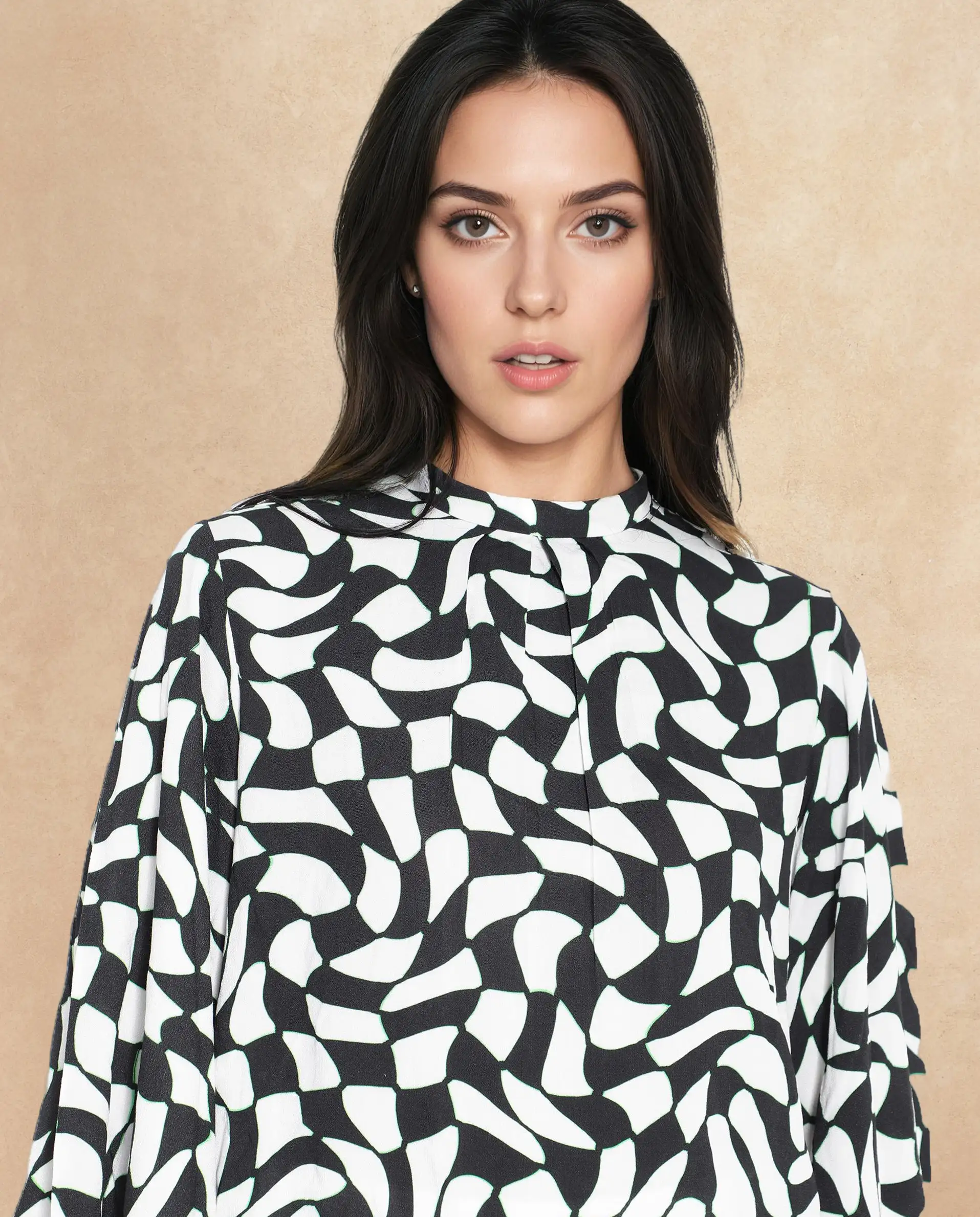 Rareism Women's Napleo Black Viscose Blend High Neck Geometric Print Bell Sleeve Regular Fit Top - Image 3