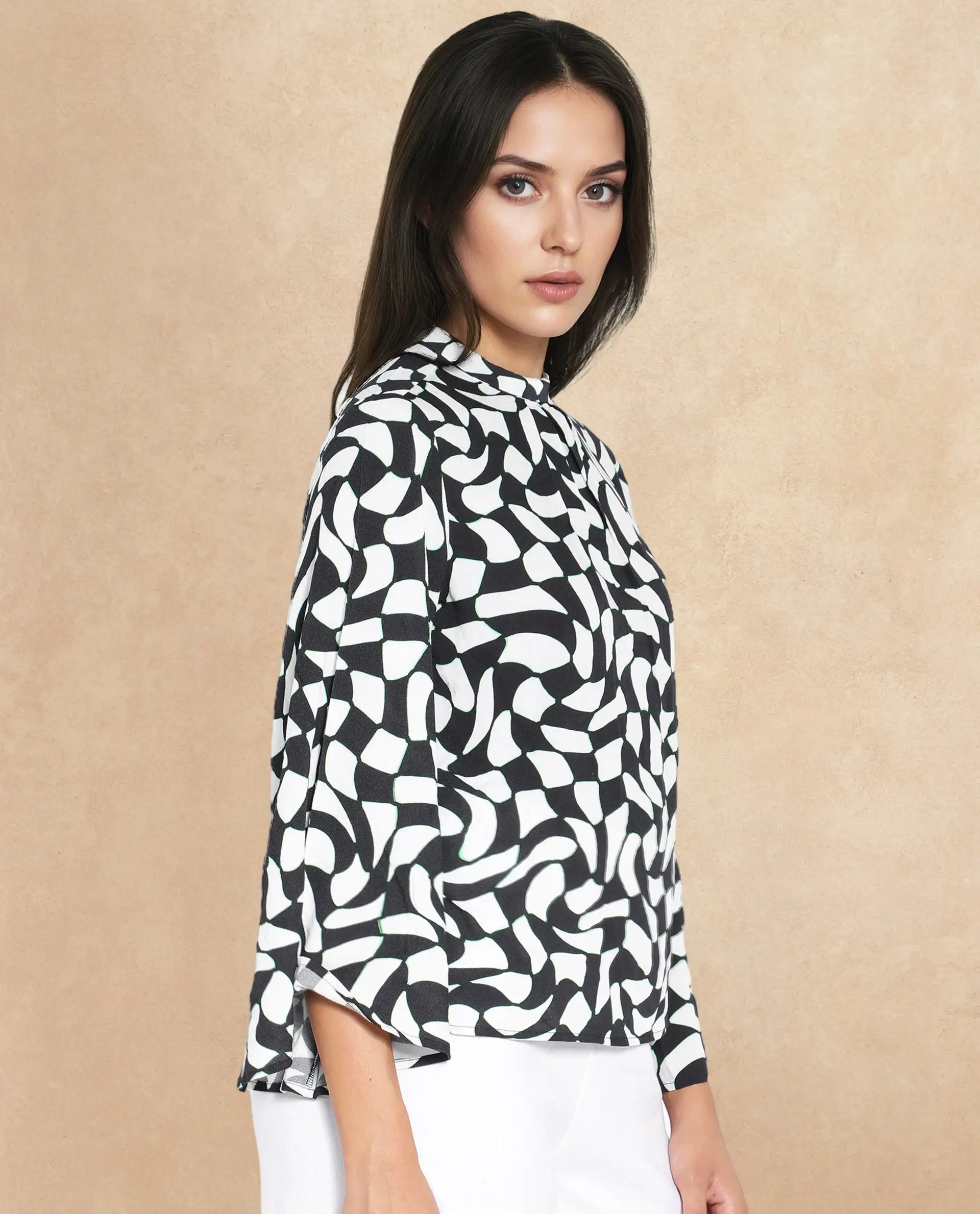 Rareism Women's Napleo Black Viscose Blend High Neck Geometric Print Bell Sleeve Regular Fit Top - Image 4