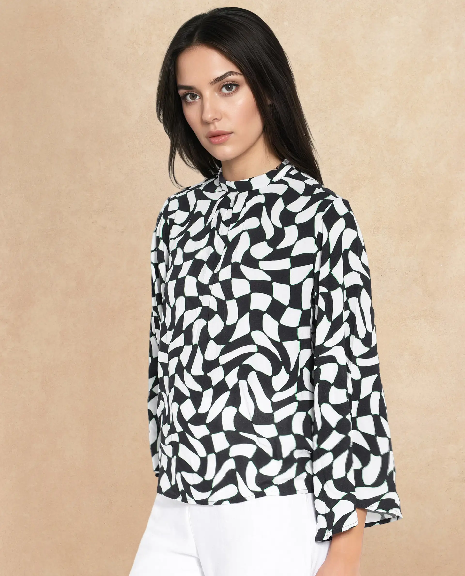 Rareism Women's Napleo Black Viscose Blend High Neck Geometric Print Bell Sleeve Regular Fit Top - Image 5