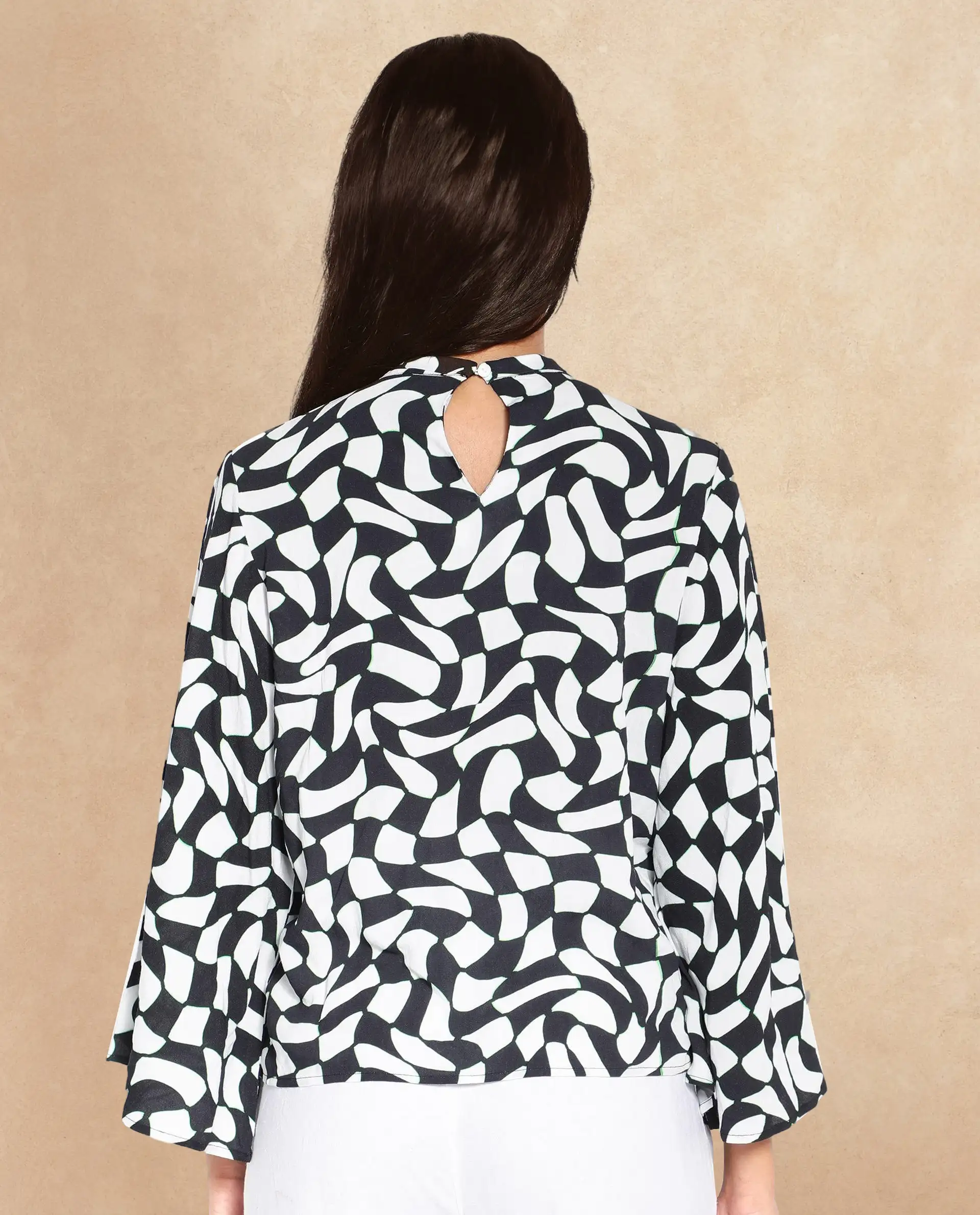 Rareism Women's Napleo Black Viscose Blend High Neck Geometric Print Bell Sleeve Regular Fit Top - Image 7