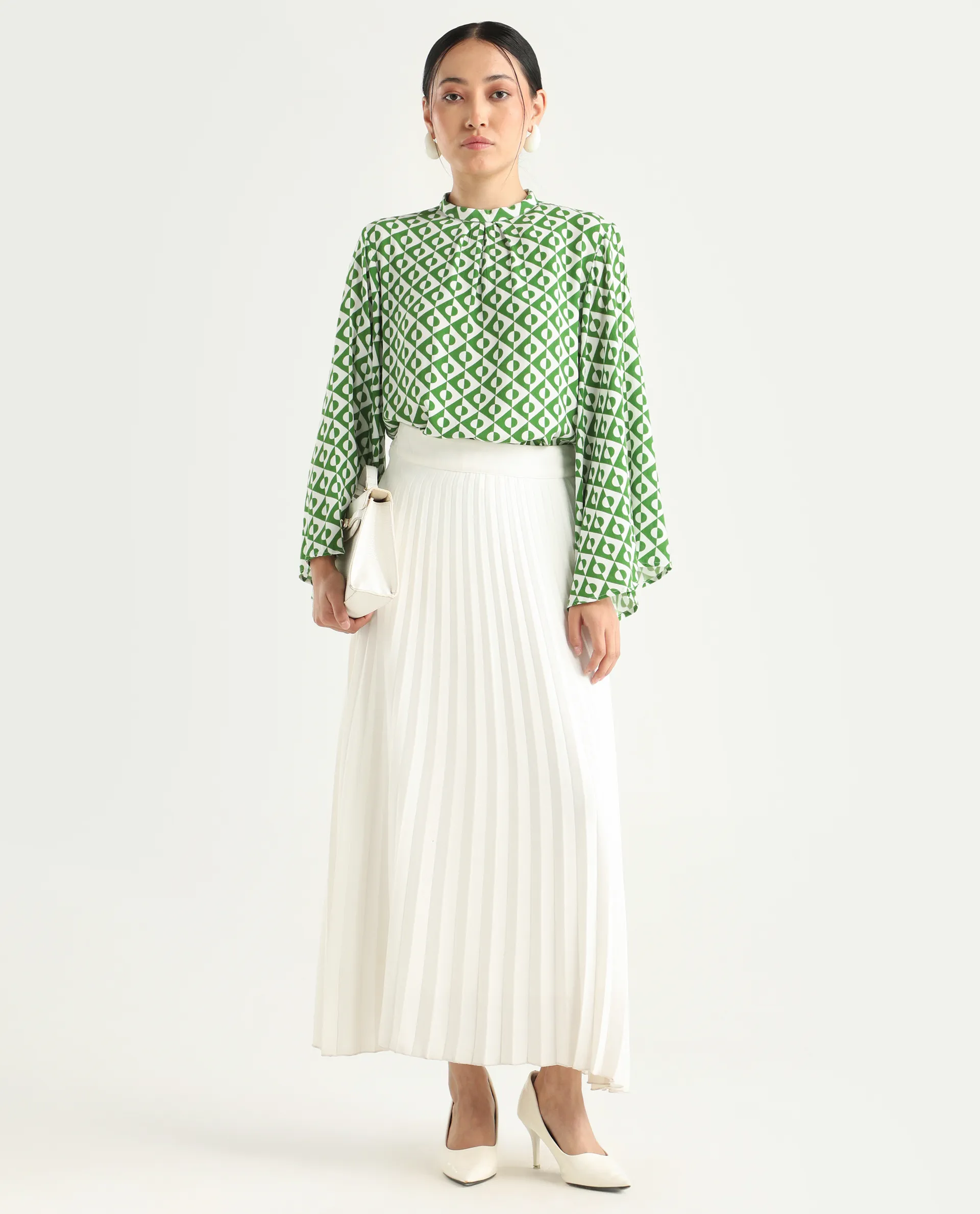 Rareism Women's Naples Dark Green Viscose Blend High Neck Geometric Print Bell Sleeve Regular Fit Top - Image 2