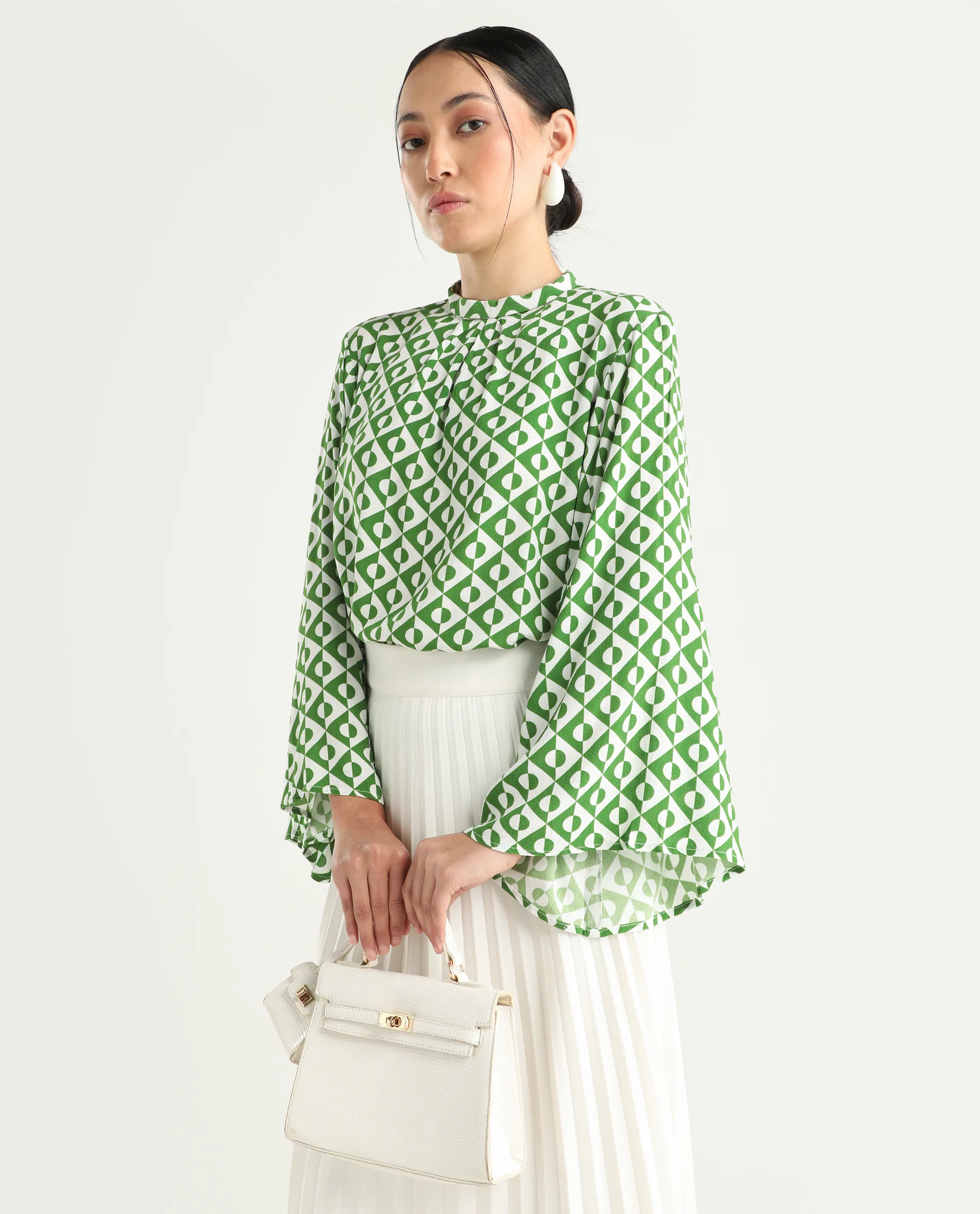 Rareism Women's Naples Dark Green Viscose Blend High Neck Geometric Print Bell Sleeve Regular Fit Top - Image 3