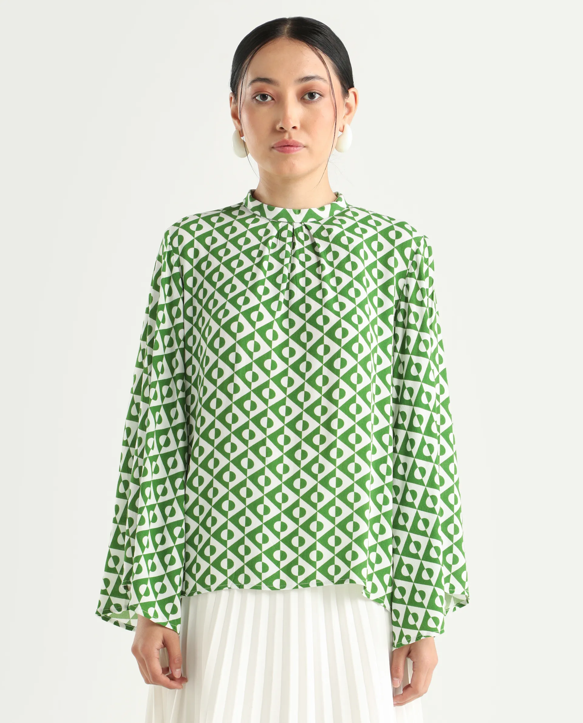 Rareism Women's Naples Dark Green Viscose Blend High Neck Geometric Print Bell Sleeve Regular Fit Top - Image 4