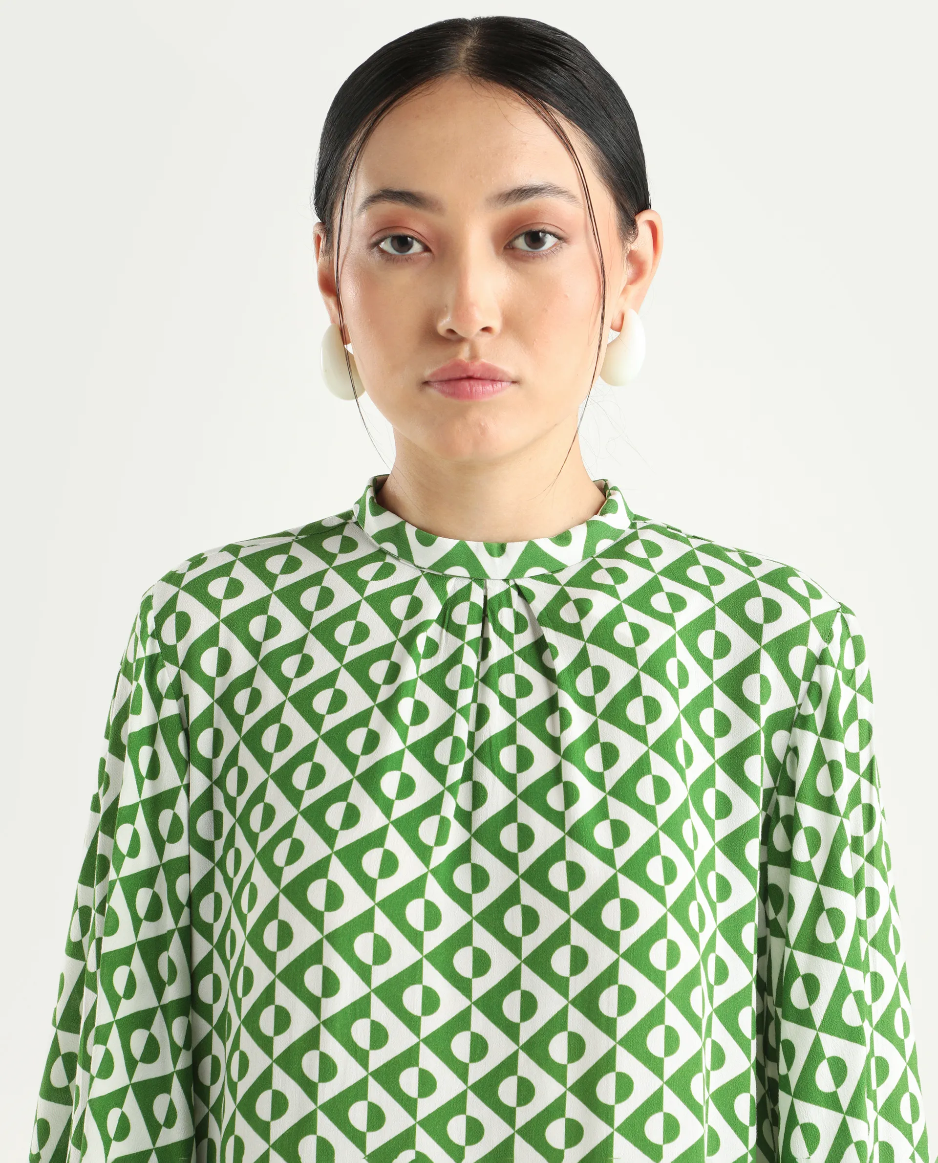 Rareism Women's Naples Dark Green Viscose Blend High Neck Geometric Print Bell Sleeve Regular Fit Top - Image 5