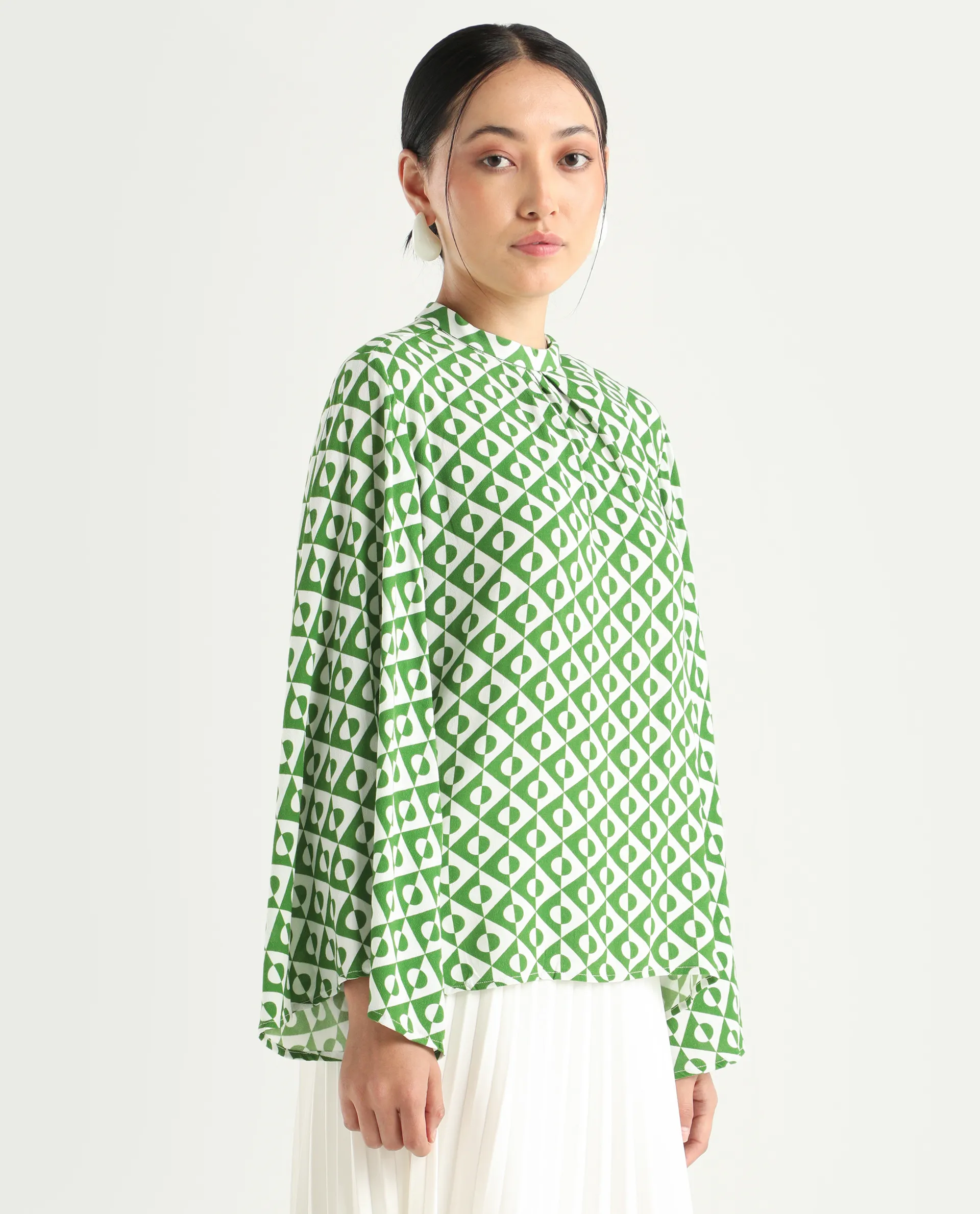 Rareism Women's Naples Dark Green Viscose Blend High Neck Geometric Print Bell Sleeve Regular Fit Top - Image 6