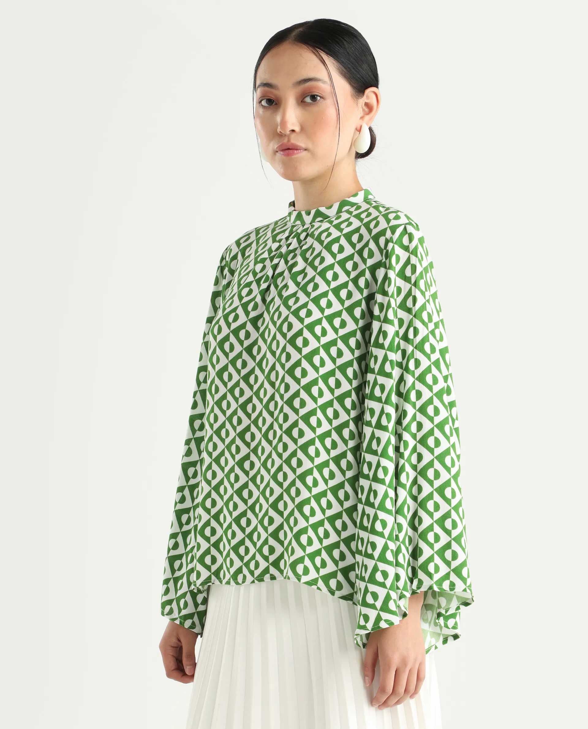 Rareism Women's Naples Dark Green Viscose Blend High Neck Geometric Print Bell Sleeve Regular Fit Top - Image 7