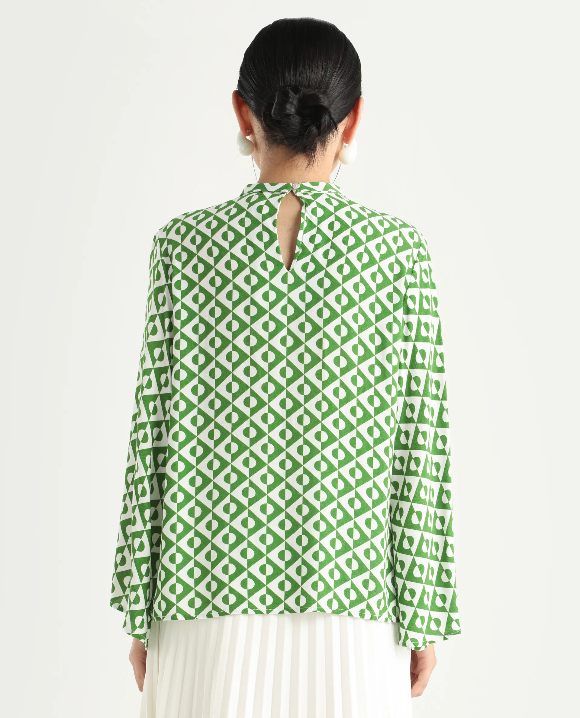 Rareism Women's Naples Dark Green Viscose Blend High Neck Geometric Print Bell Sleeve Regular Fit Top - Image 8